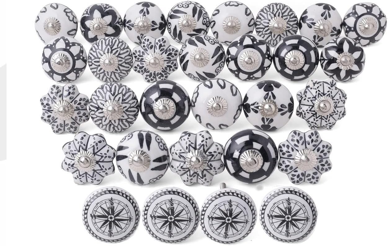 NAQSH Drawer Knobs Ceramic Cabinet & Furniture Knob Handpainted Dresser Drawers Pulls Kitchen & Office Drawer Pull (Black & White) (Pack of 30)