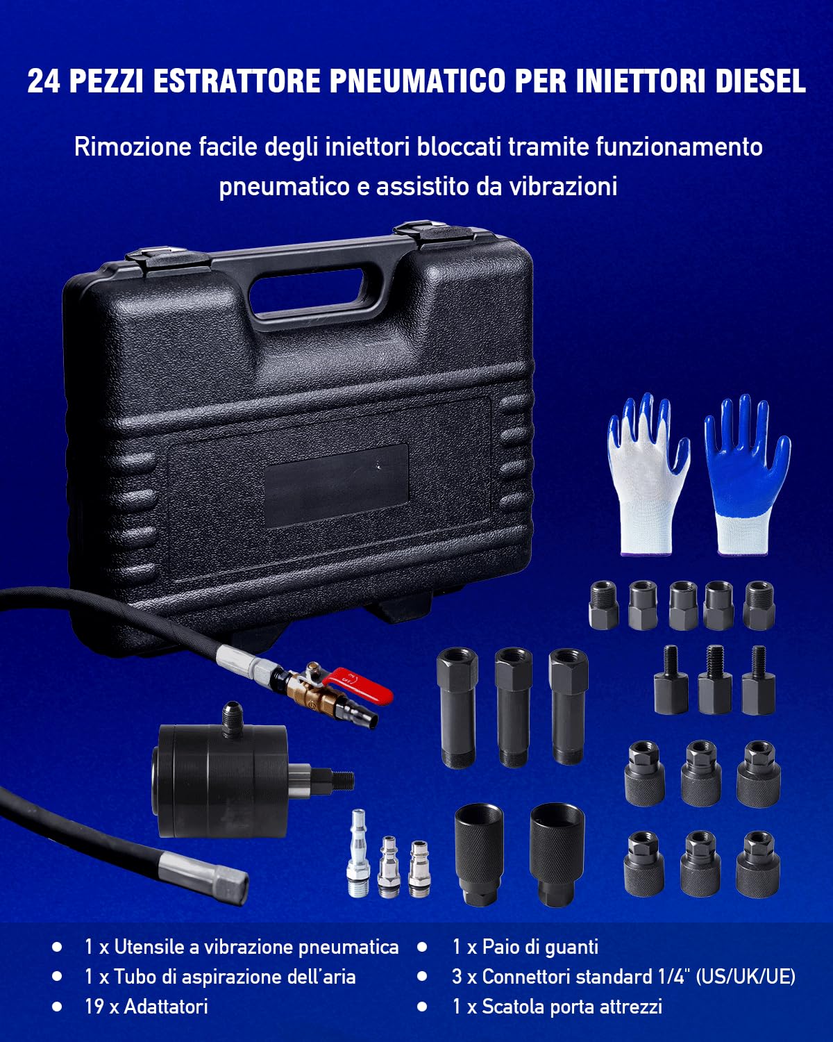 INCENDIOS 24PCS Set Estrattore Iniettori Diesel Pneumatico, Estrattore Pneumatico per Iniettori Diesel con 19 Adattatori & 3 Connettori 1/4" (US/UK/EU), Pressione di Lavoro 5–8 Bar