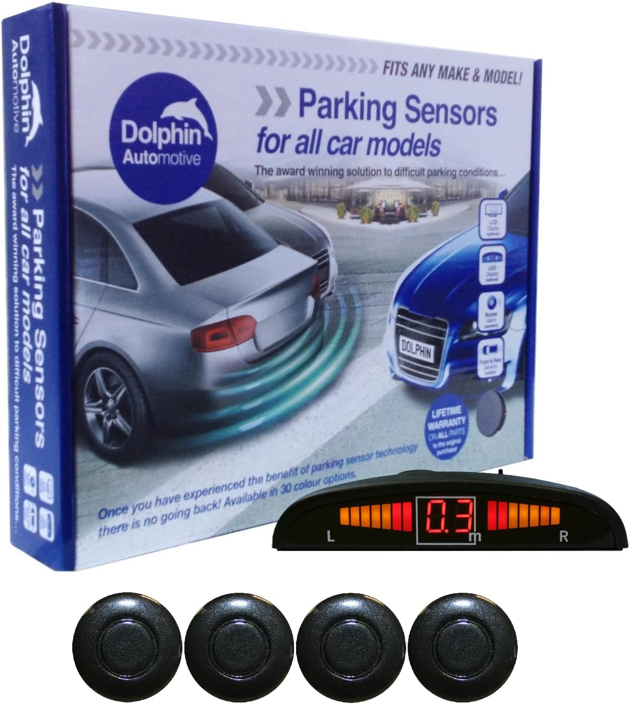 Dolphin DPS450 Reverse Parking Sensors In 32 Colours 4 Ultrasonic Radar Sensors Kit Audio & Display Alert System Matt & Gloss Black +30 More Colours (Coal Grey)
