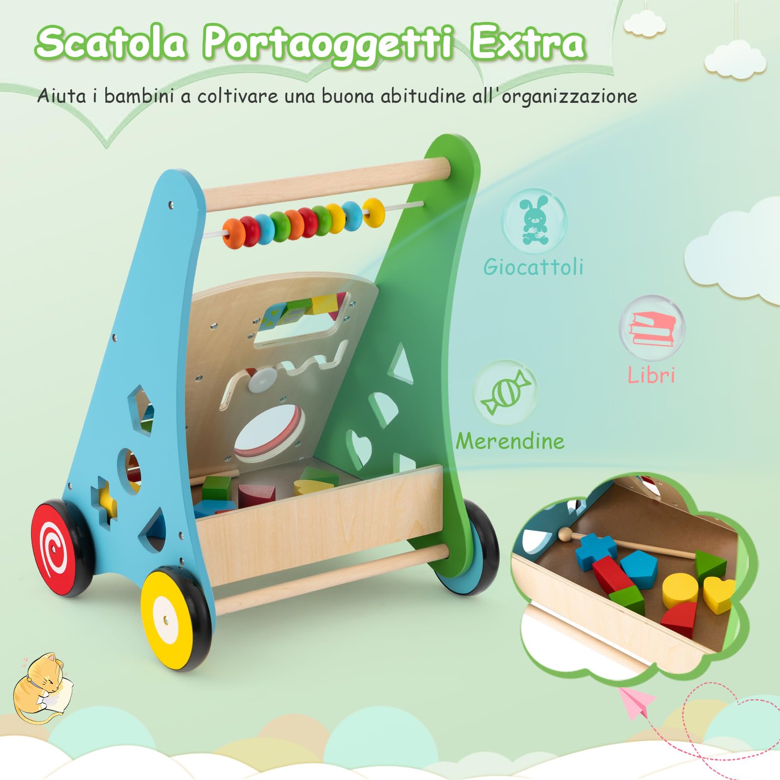 COSTWAY Carrello Primi Passi per Bambini, Girello Neonato in Legno, con Giocattoli Montessori, Centro Attività con Ruote, per Bambini 12+ Mesi (Colorato)