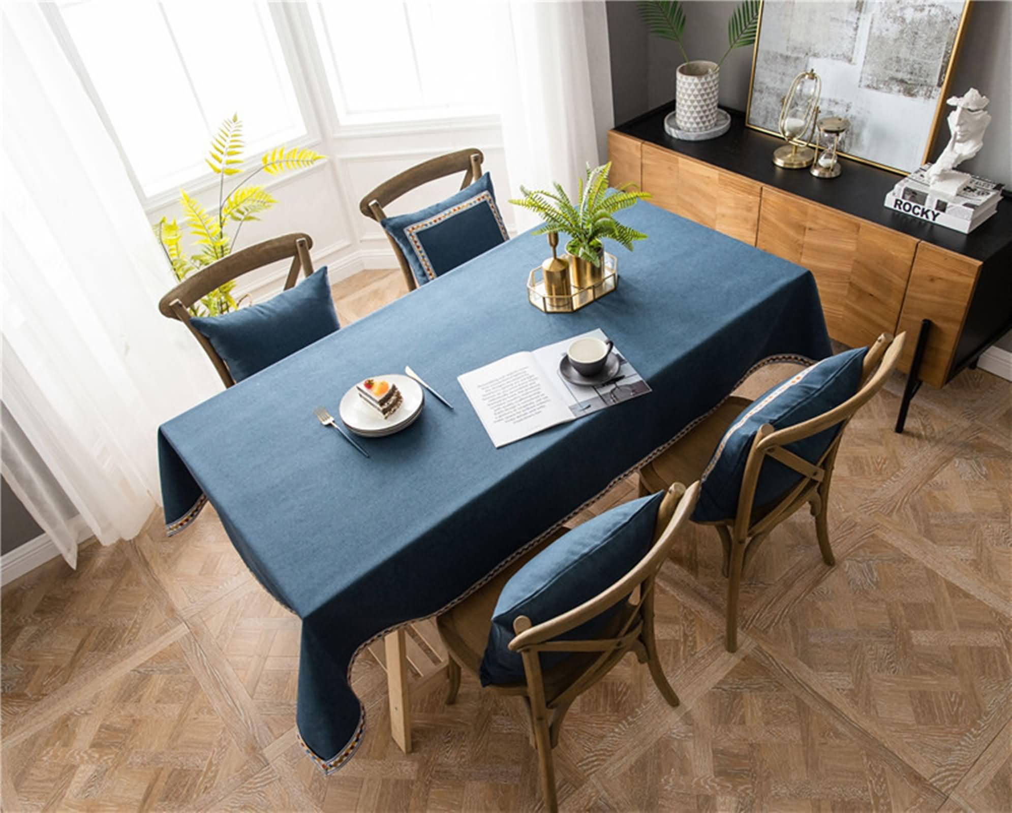 Tischdecke Rechteckige für Balkontisch 130 W x 240 L cm,Tischwäsche Tisch Blau Einfarbig mit Gestickte Bordüre Baumwolle Leinen Garten Tischdecken für Draußen