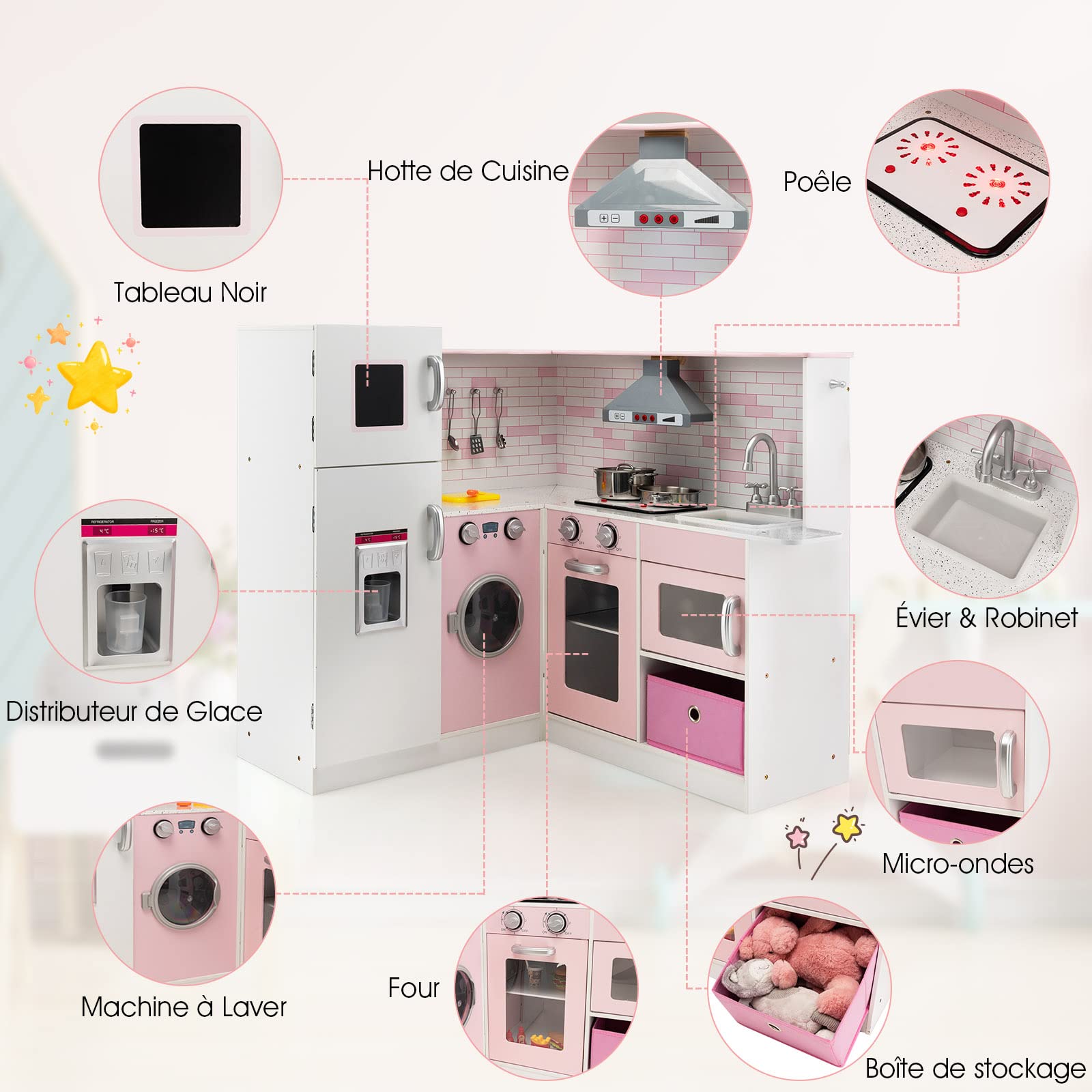 Cuisine Enfant DREAMADE avec 17 Accessoires, Lumières, Effets Sonores, Hotte, Micro-ondes