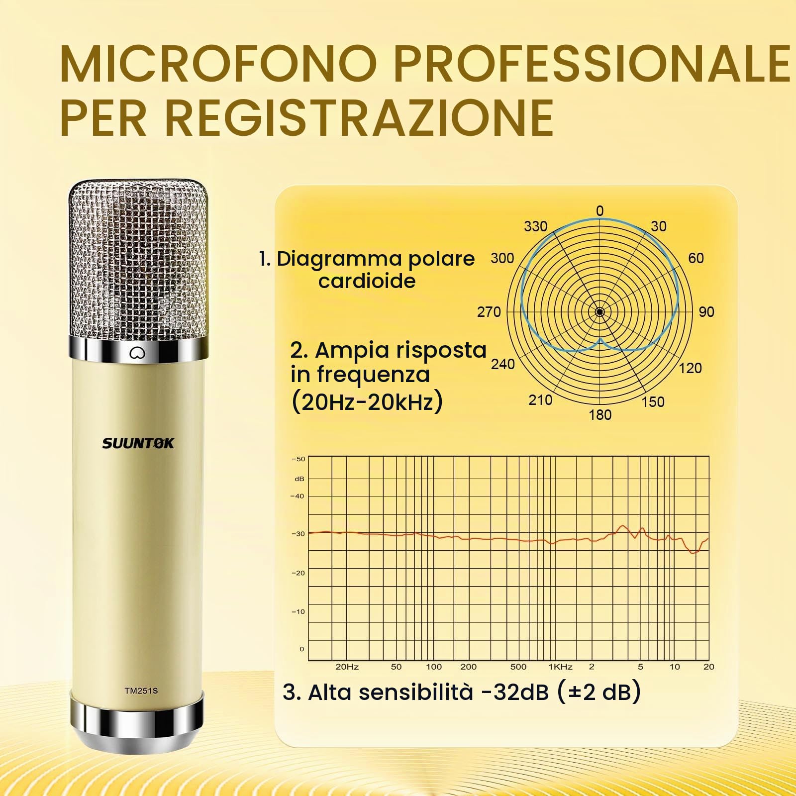 SUUNTOK FET Microfono a condensatore professionale XLR per studio con diaframma grande da 34mm, microfono cardioide per registrazione, per computer, gaming, PC, kit TM251S per canto, podcasting