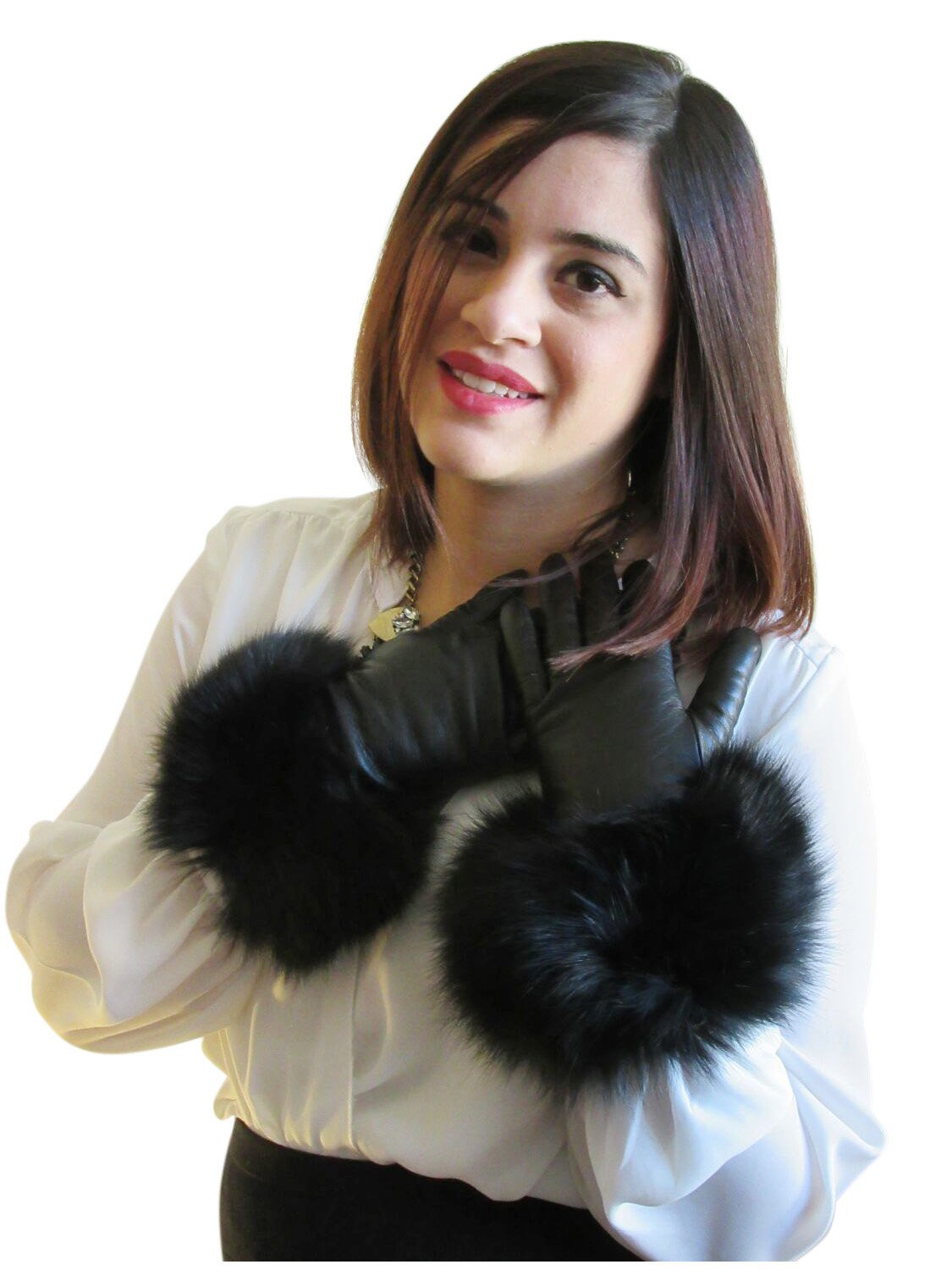 Cashmere Lined Lambskin Black Leather Gloves W/Fox Trim