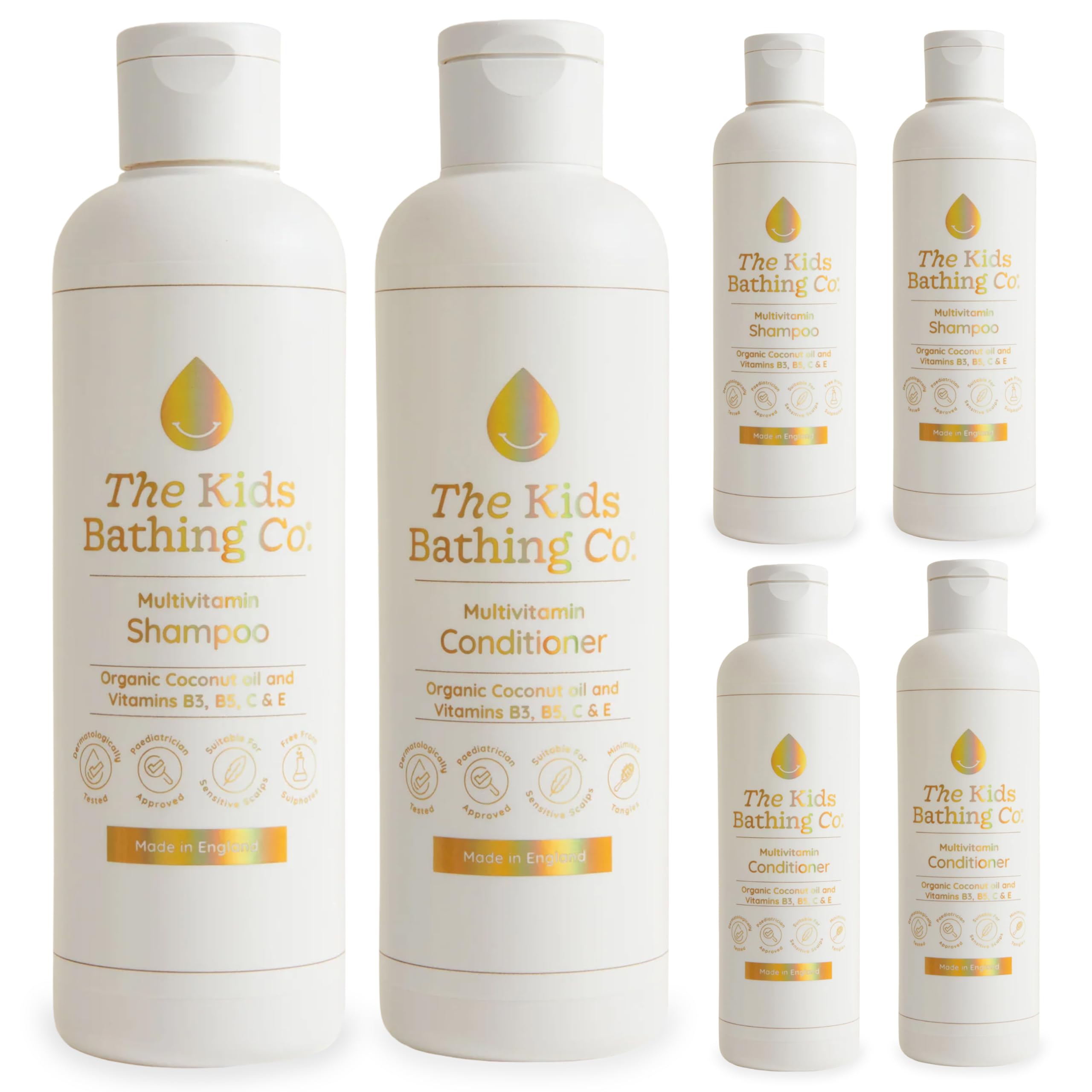 Kids Multivitamin Shampoo & Conditioner Multipack (6 x 250ml) - Vitamins B3, B5, C & E with Organic Coconut Oil - Gentle Haircare Set for Children & Sensitive Scalps