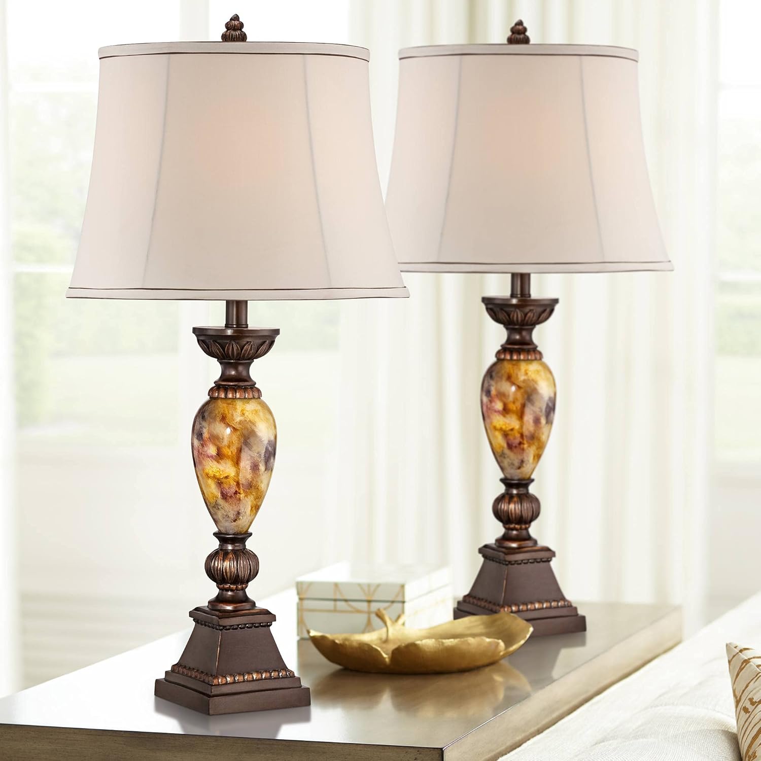 Kathy Ireland Mulholland Traditional Vintage Table Lamps 30" Tall Set of 2 Aged Bronze Marbleized Golden Off White Fabric Oval Shade for Living Room Bedroom House Nightstand Office Entryway