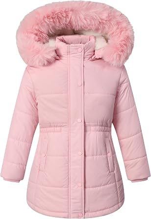 Girls Winter Jacket Long Puffer Coat with Removable Hood,Kids Warm Insulated Parka for Cold Weather, Full Zip