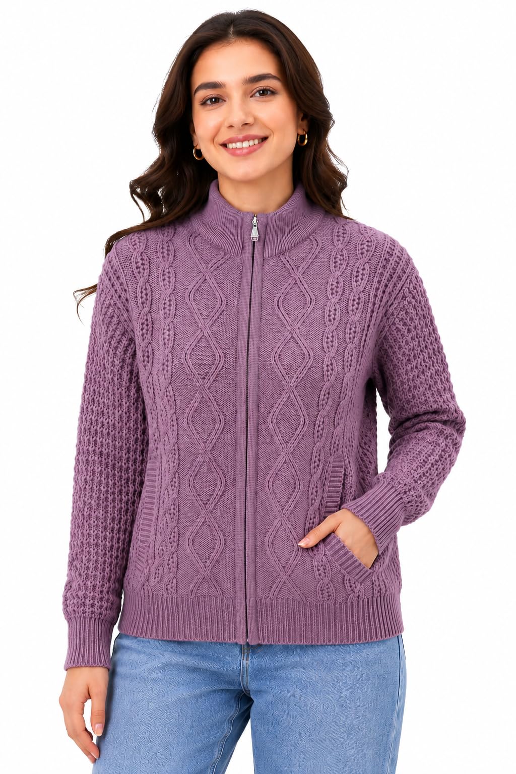 Women Woollen Zipper Pullover, Cable Kitted Sweater with Inner Fur and Pockets-image-6