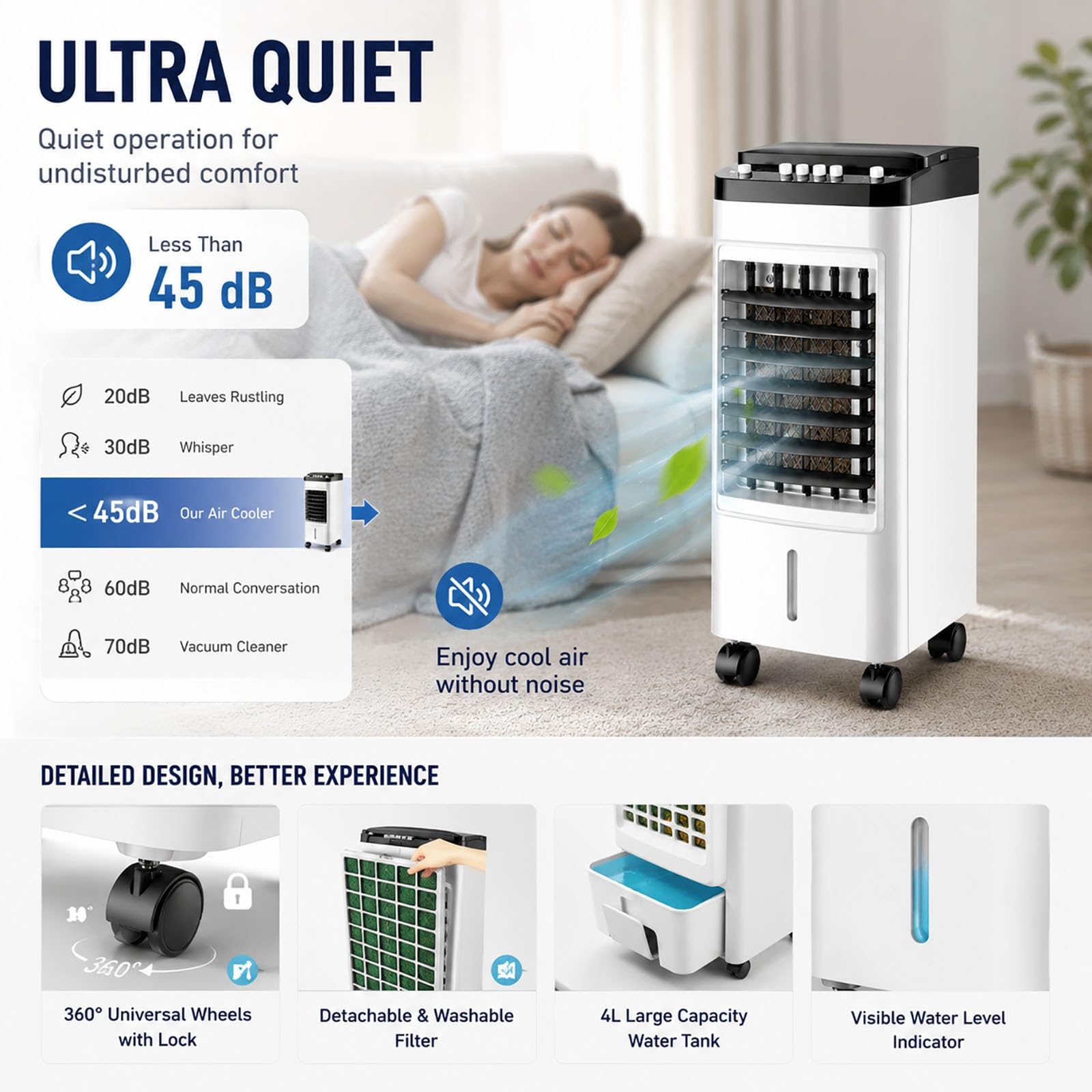 Rinfrescatore d'Aria Evaporativo 3-in-1 per Casa, Umidificatore e Ventilatore Portatile 4 Ghiaccioli, 3 Velocità, Oscillazione 120°, Ultra Silenzioso per Camera da Letto, Soggiorno, Ufficio