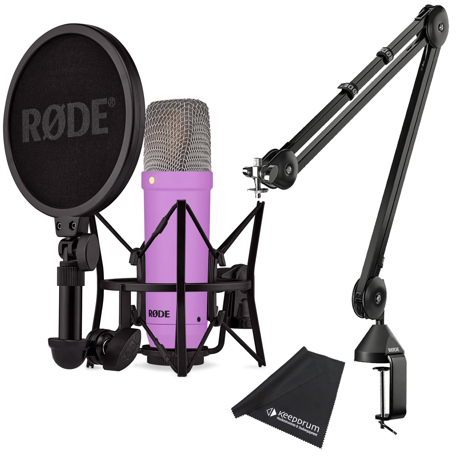 Rode NT1 Signature Purple Studio-Mikrofon Lila + PSA1 Gelenkarm-Stativ Schwarz + keepdrum Mikrofasertuch