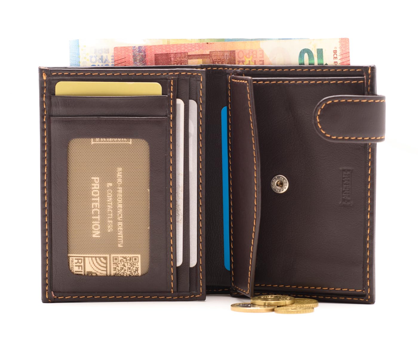 PE228 Cartera Marron de Piel Legitima con Broche Exterior y Monedero Interior para Hombre | Billetera con Protección RFID, Doble Billetero.
