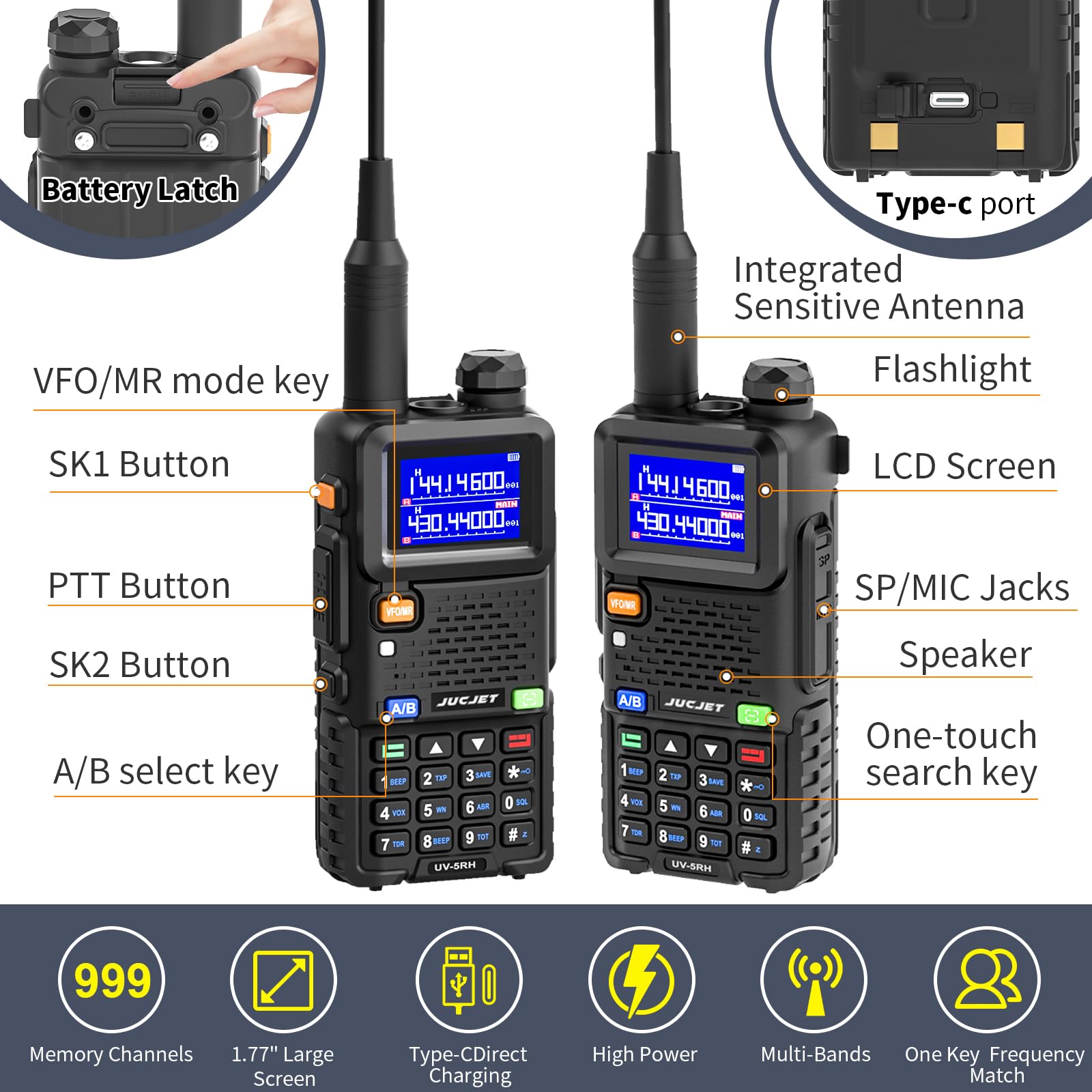 5RH Radios 10W, Ajuste de Frecuencia para Radioaficionados, 2 Uds | Set de Dos Radios, 999 Canales por Radio, Pantallas TFT de 1,77 Pulgadas, Doble Espera, Baterías 2500 mAh, Carga USB-C