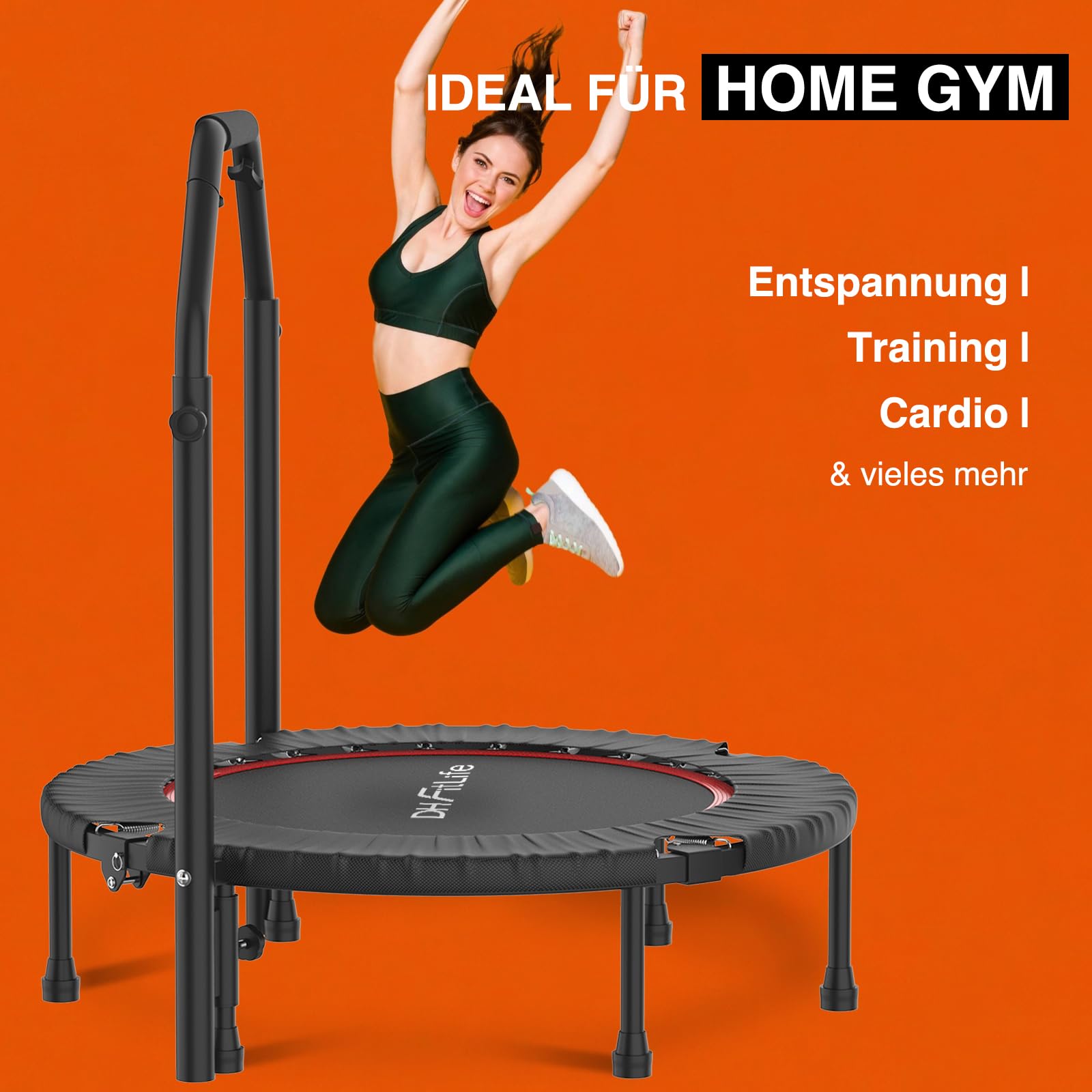 DH FitLife Fitness Indoor Trampolin klappbar mit vormontierter Sprungmatte | Ø102 cm 40 Zoll Mini Trampoline | 150 kg belastbar | 4-Fach Verstellbarer Handgriff | stabil & leise