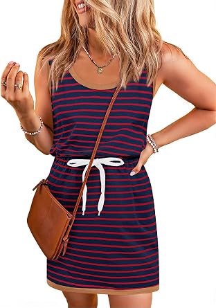 Yousify Womens Summer Sleeveless Striped Dress Drawstring Waist Casual Tank Mini Dresses with Pockets