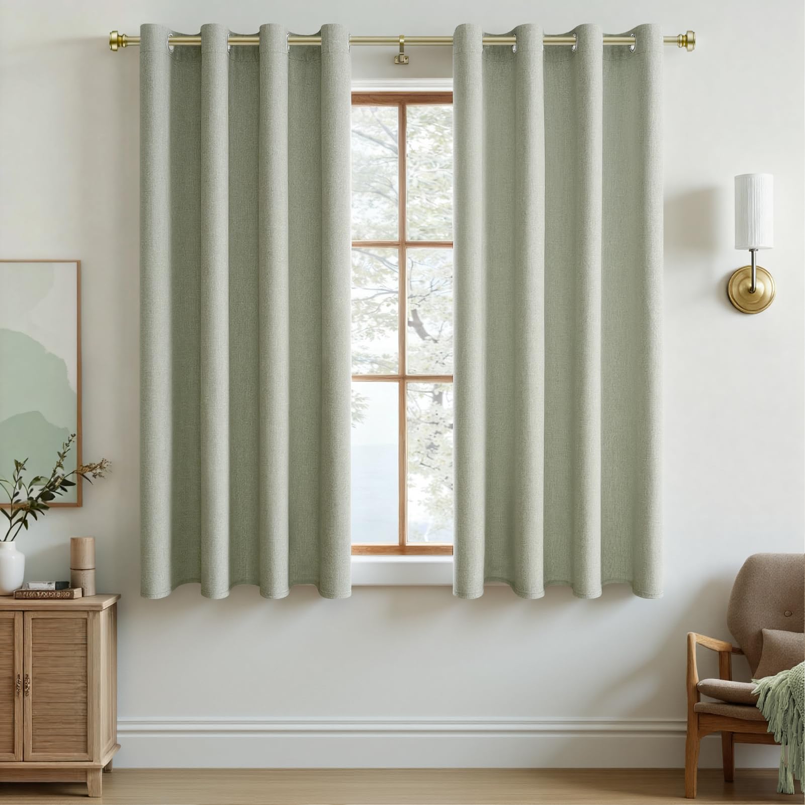 MRTREES Tende 100% Oscuranti Lino Corte per Interni Moderne Finestre Camera da Letto Soggiorno Salotto 2 Pezzi Tenda Oscurante Tende Termiche Isolanti con Occhielli, Verde Salvia, 140x160 CM