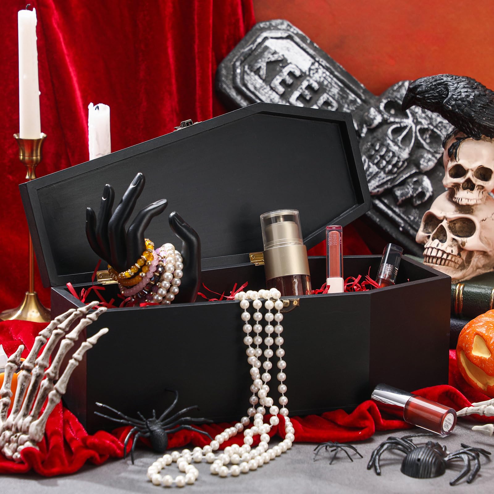 CroBlissful Scatola regalo per Halloween, con carta di rafia rossa, in legno verniciato nero, a forma di bara, con coperchio, per dolcetti o scherzetti, decorazione per feste di Halloween (1 pezzo)