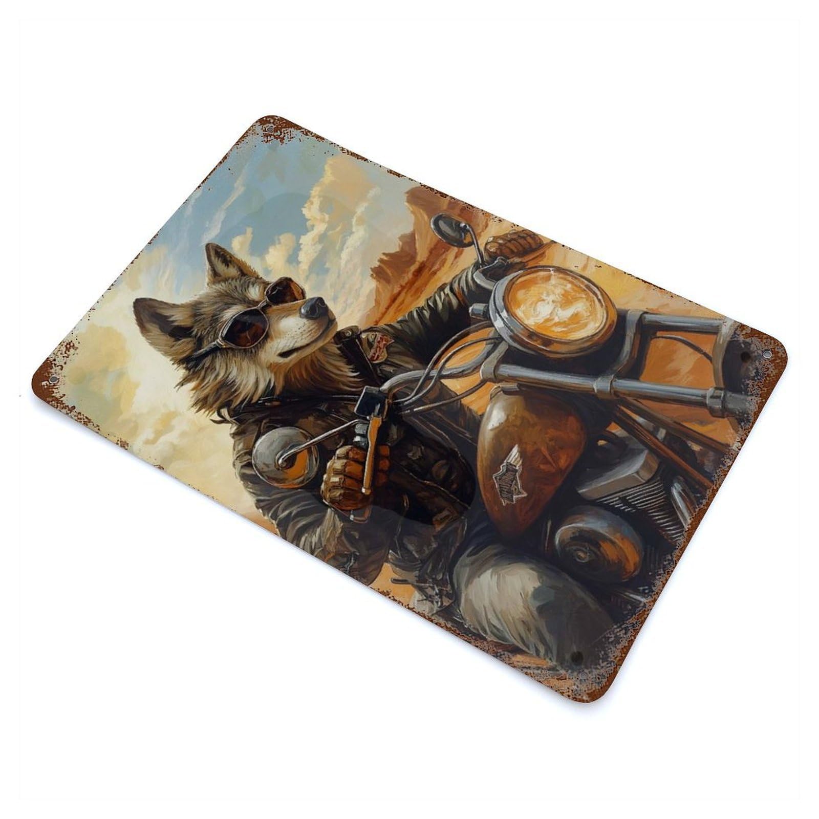 Wolf Biker in Desert Landscape 11.8"x7.9" Distressed Metal Wall Sign, Shabby Chic Decor for Office, Studio And Wall Decor