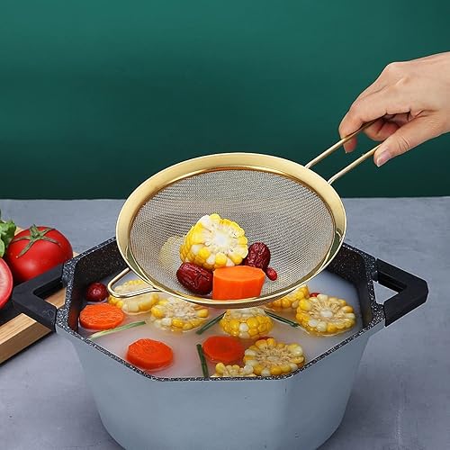Miniatura 6 de Juego de 3 coladores dorados de malla fina, tamiz de harina dorada para hornear, clandro de acero inoxidable, colador de té Matcha dorado, separador