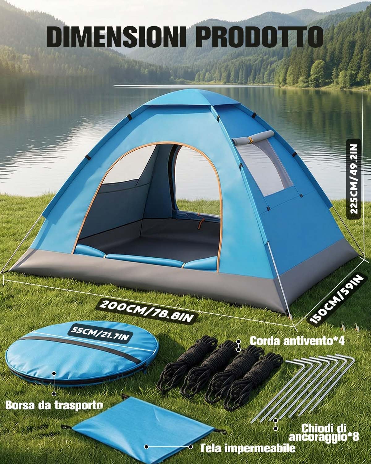 Tenda da Campeggio 2 Persone Pop Up Pieghevole, Tenda Impermeabile Leggera con Doppia Porta e Doppie Finestre, Protezione dal Sole, per Trekking, Escursionismo, Spiaggia e Outdoor