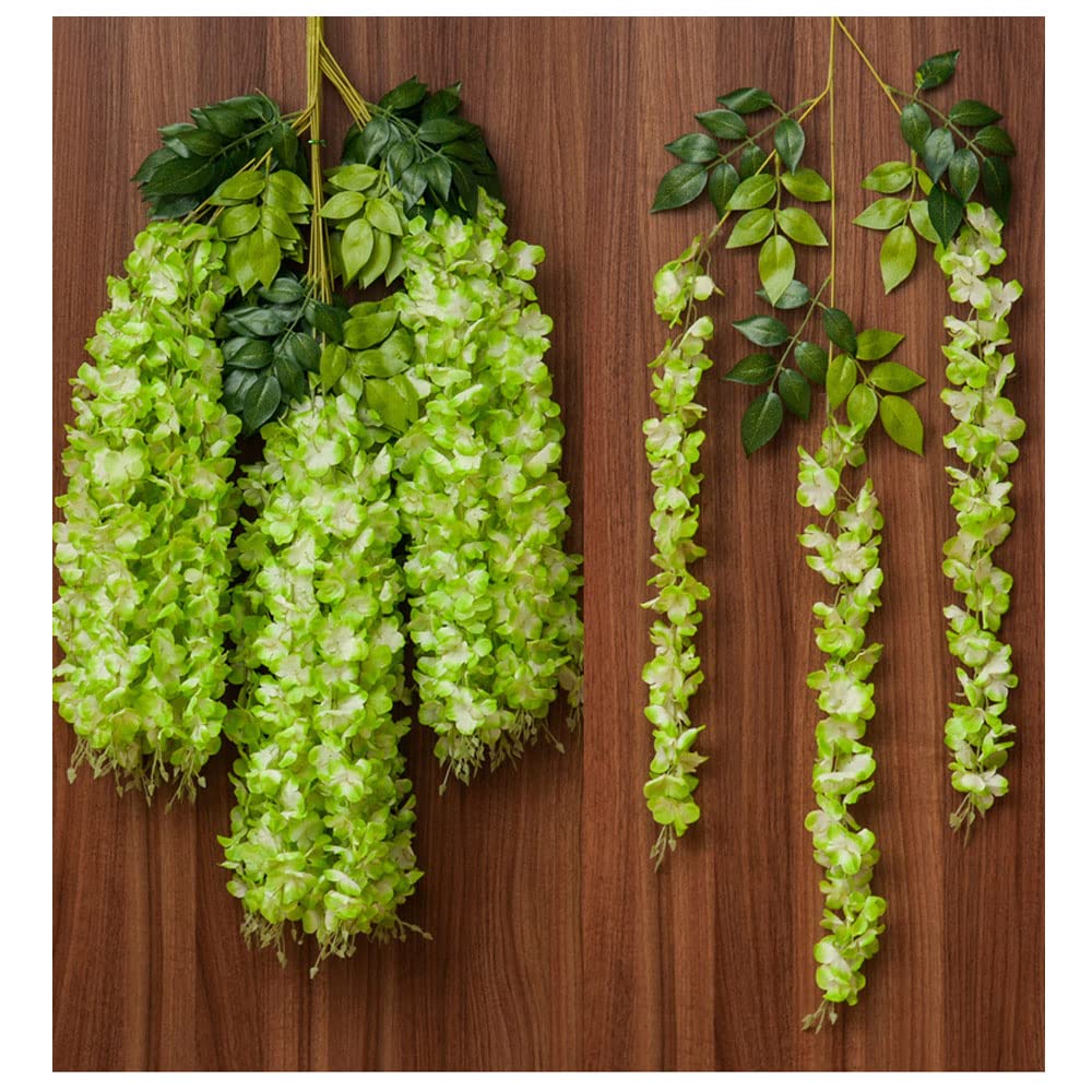 SZJH 12pcs 3.6 Feet/Piece Artificial Fake Wisteria Vine Ratta Hanging Garland Silk Flowers String Home Party Wedding Decor (Green) - Image 2