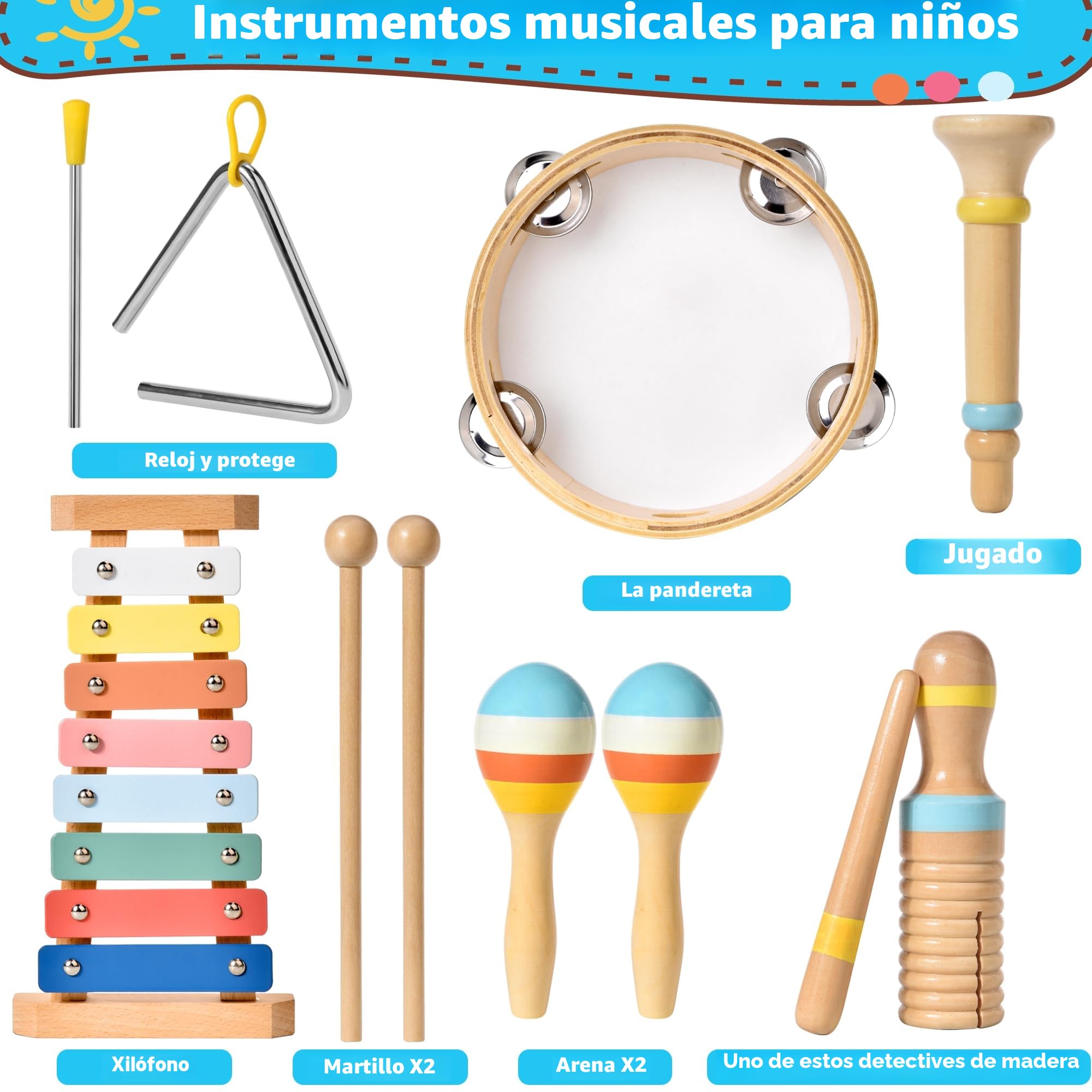 Instrumentos Musicales para Bebé Montessori, Juguete de Madera para Niños Pequeños de 1 a 3 Años, Instrumentos Musicales 6 en 1, Juguete Montessori a Partir de 3 4 5 Años con Moderno Xilófono Boho