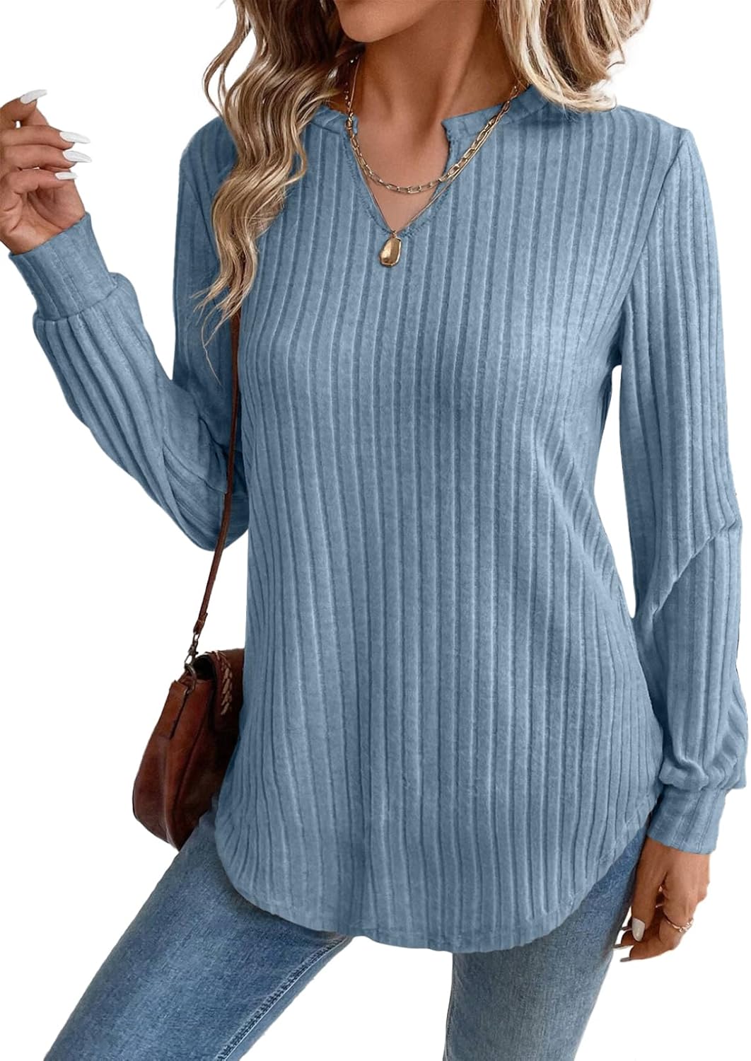 SHEWIN Womens Fall Fashion 2025 Casual Long Sleeve V Neck Tops Shirts Sweaters Large Beau Blue - Image 1 of 6