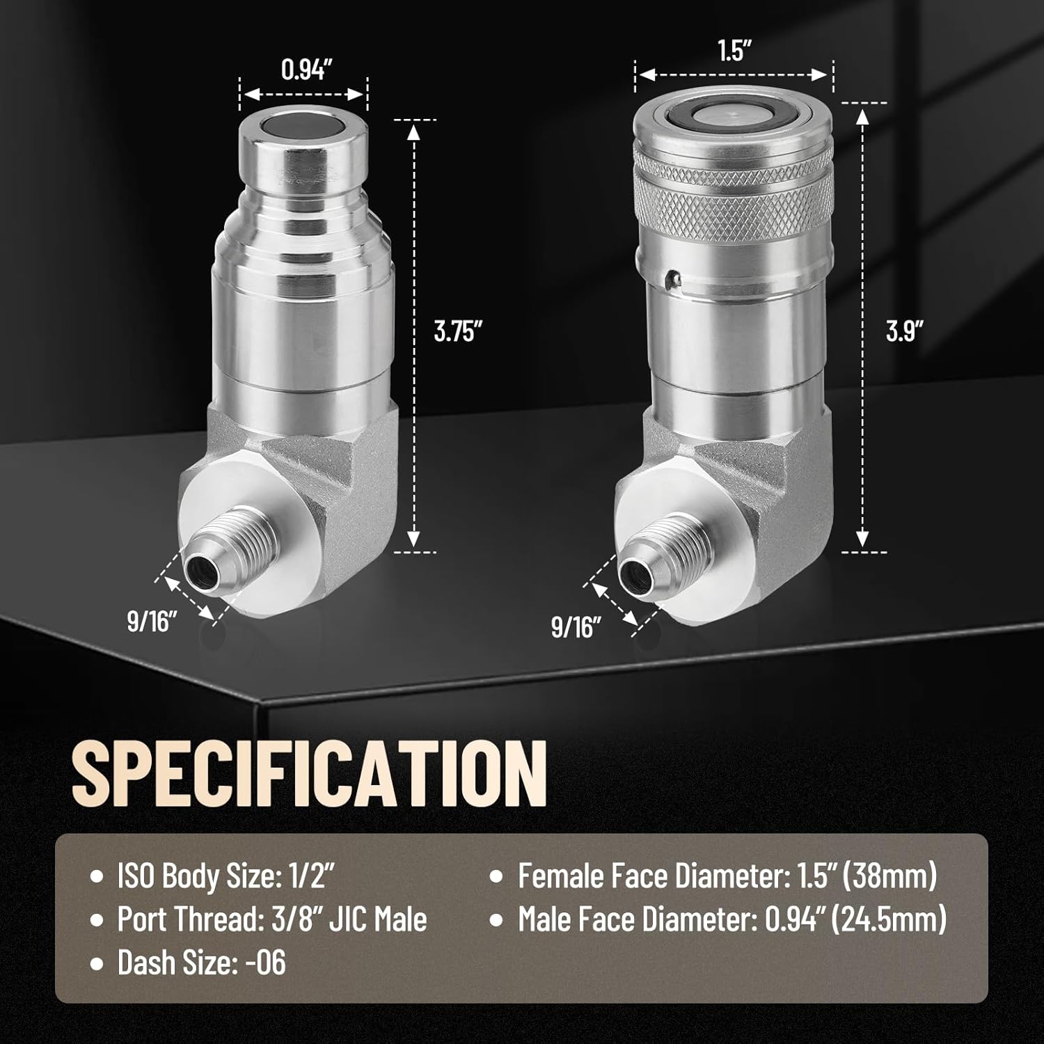90 Degree Elbow 1/2" Flat Face Skid Steer Hydraulic Quick Connect Coupler Fittings, 1/2" Body Size x 3/8″ JIC Male Thread Coupling with Dust Caps