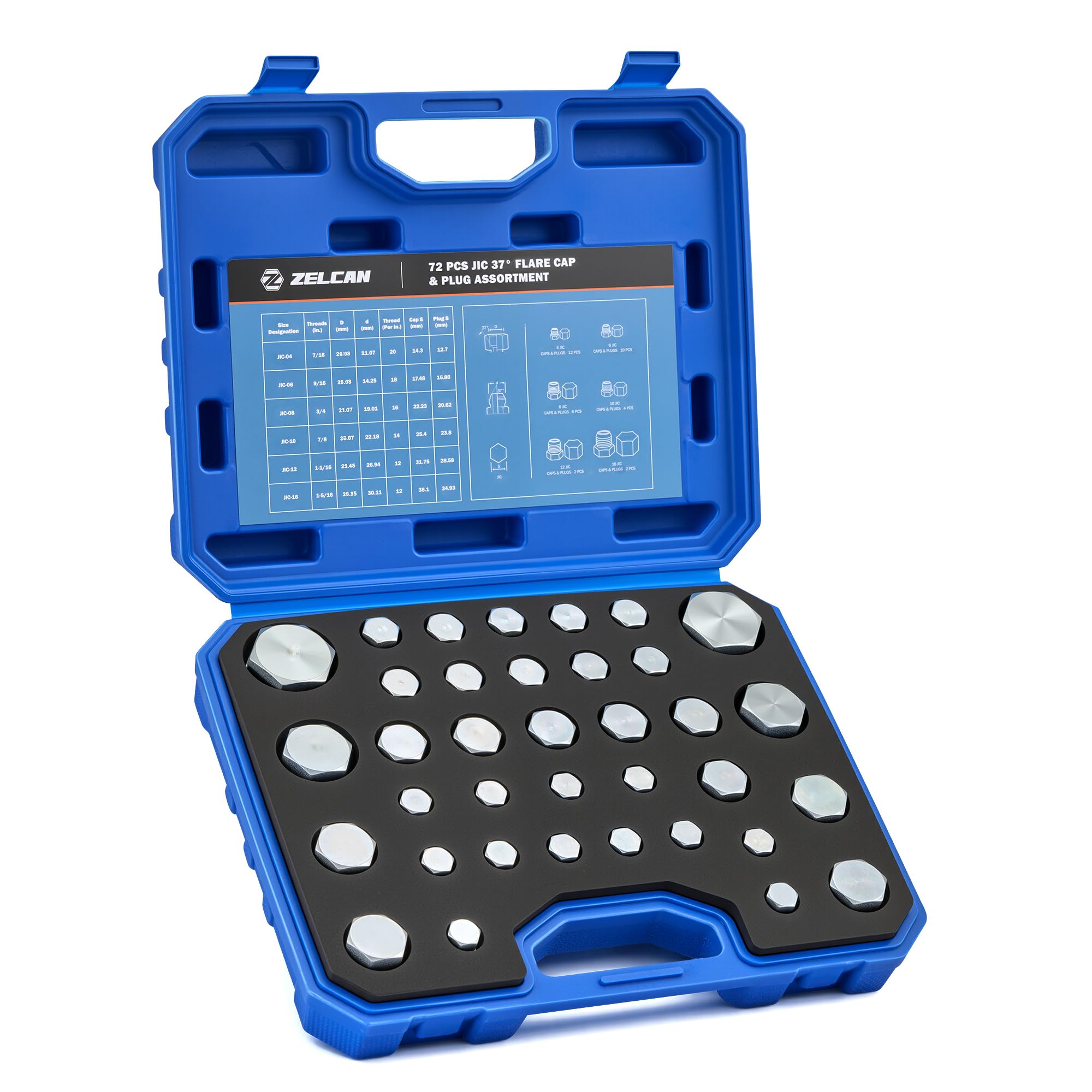 ZELCAN Hydraulic Hose Cap & Plug Kit, 72pc JIC Plug and Cap Assortment Kit with 37° Flare Thread for Dash Size 4 6 8 10 12 16, Heavy-Duty Hydraulic Hose Fitting Set for Industrial Pipe Tube Sealing