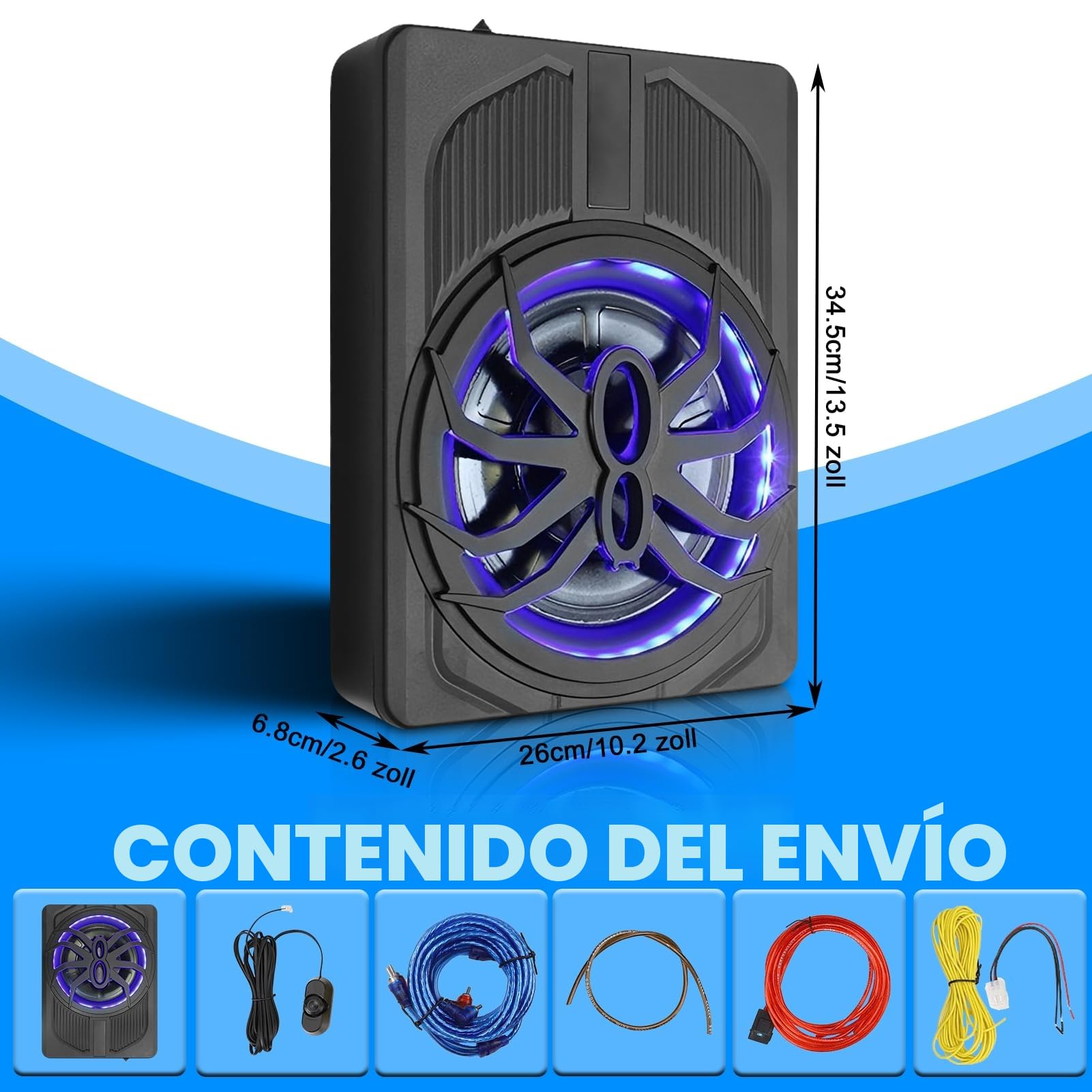 Subwoofer activo ultradelgado de 10 pulgadas 800W para automóvil/camión con amplificador, graves potentes, frecuencia 20Hz-150Hz, controlador de graves incluido, con funciones de protección