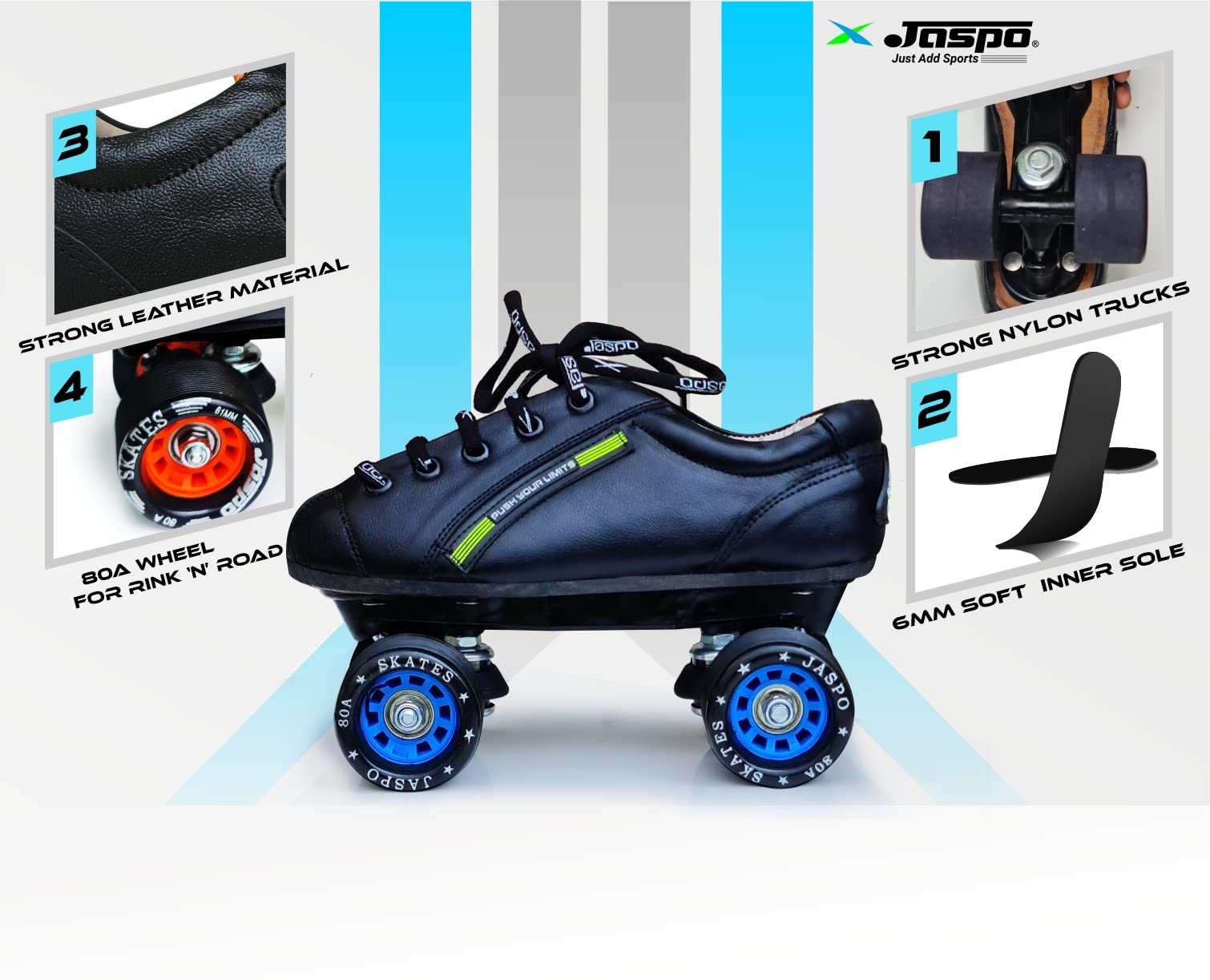 jaspo Unisex Sprint Pro 10 Quad Shoes Fixed Body Roller Skates Approximate For Beginners&Intermediates For Practice&Training Purpose For (All Age Group)(6 Uk(Foot Length 26 Cms), Blue), Outdoor Wheel 1