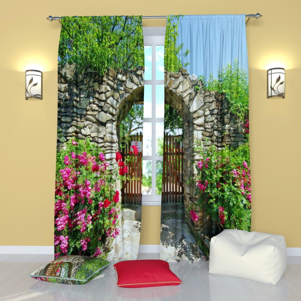 Factory4me Art Landscape Curtains Beautiful Seaside and Majestic Cliff Nature Curtains with Plant Arch, Rod Pocket Room Darkening Drapes 84 inches Long For Living Room Bedroom Kitchen Blue Beige Green