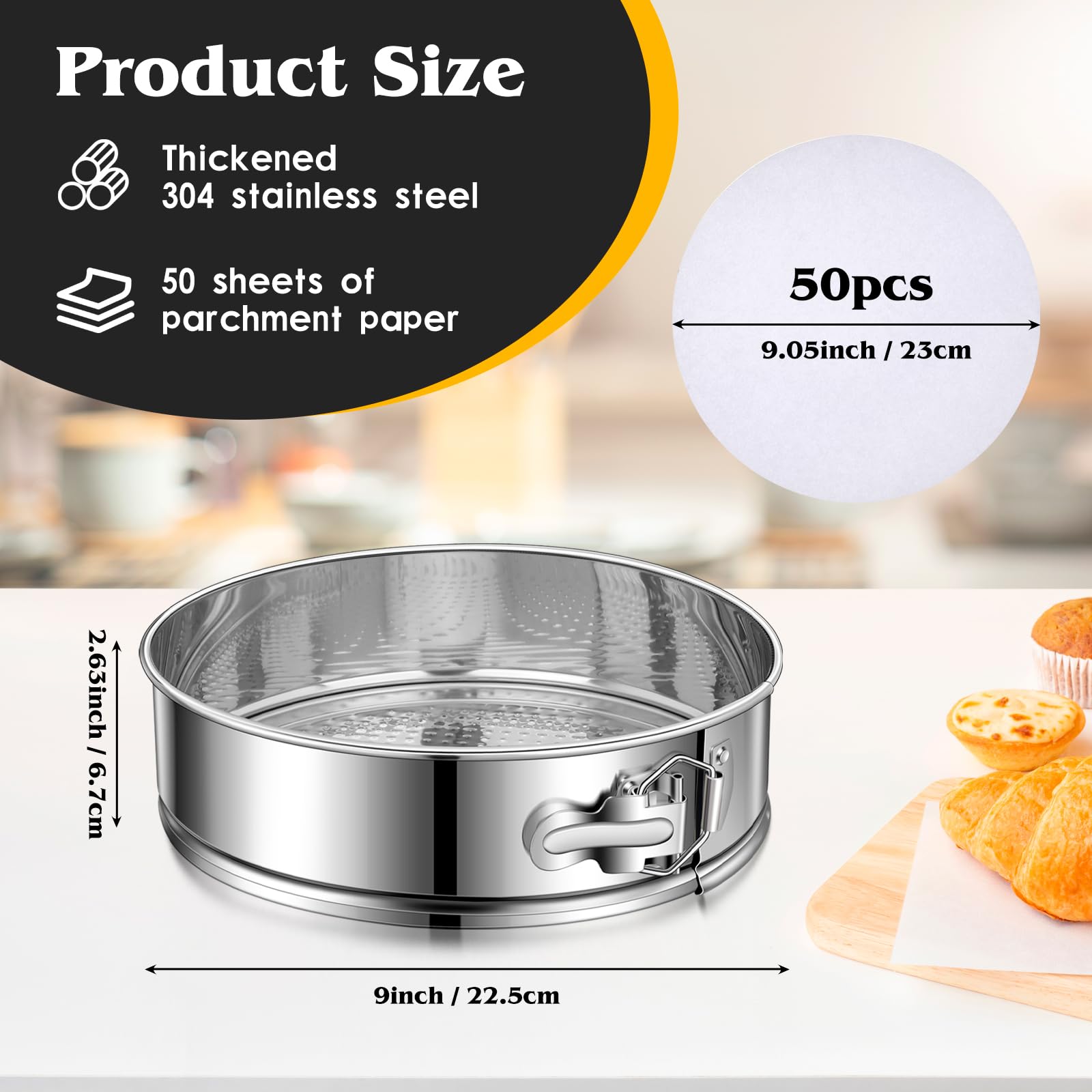 Molde desmontable para tartas de 22,8 cm, de acero inoxidable, molde redondo antiadherente con parte inferior extraíble, molde para tartas para hornear pastelería