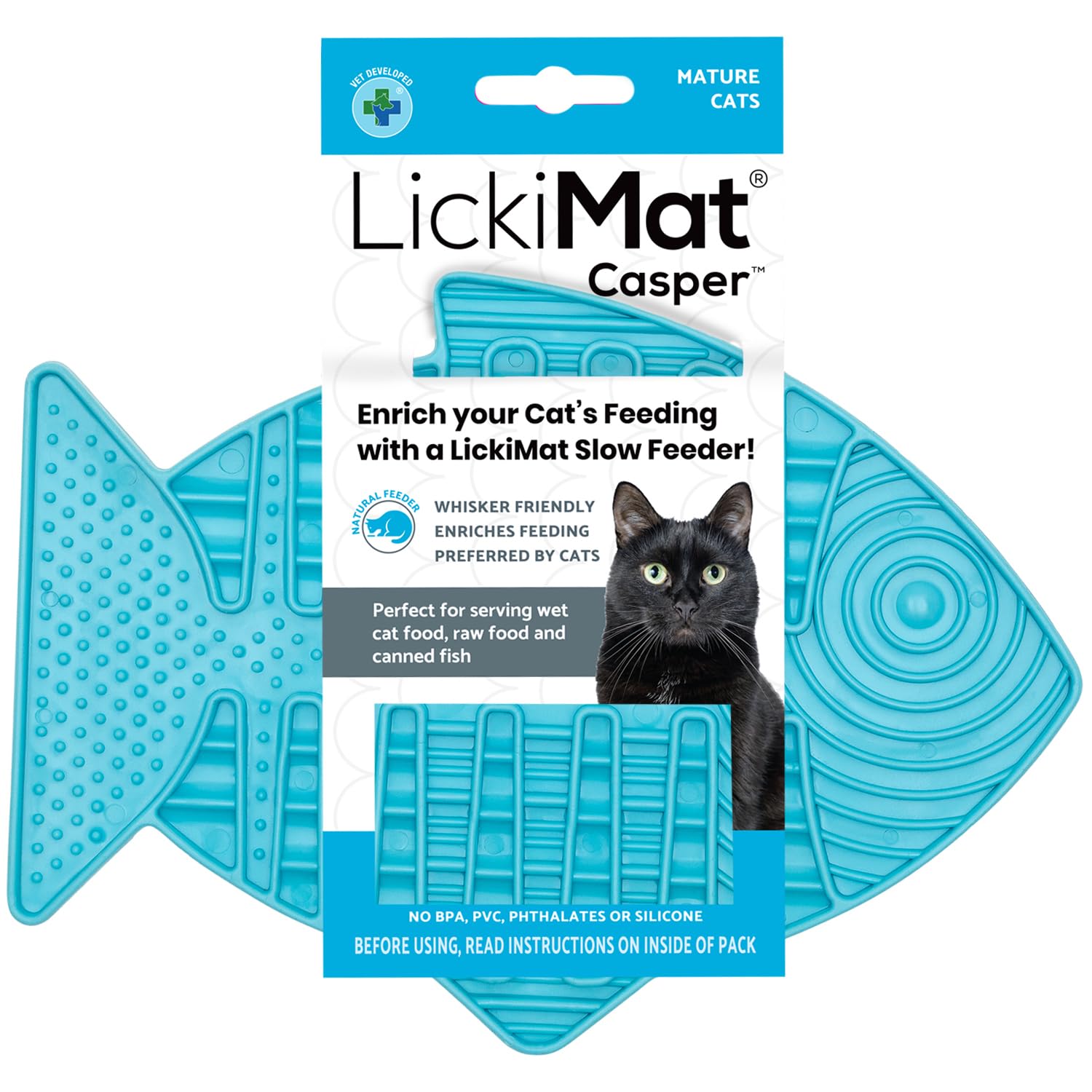 LickiMat Casper, Fish-Shaped Cat Slow Feeders Lick Mat, Boredom Anxiety Reducer; Perfect for Food, Treats, Yogurt, or Peanut Butter. Fun Alternative to a Slow Feed Cat Bowl or Dish, Turquoise