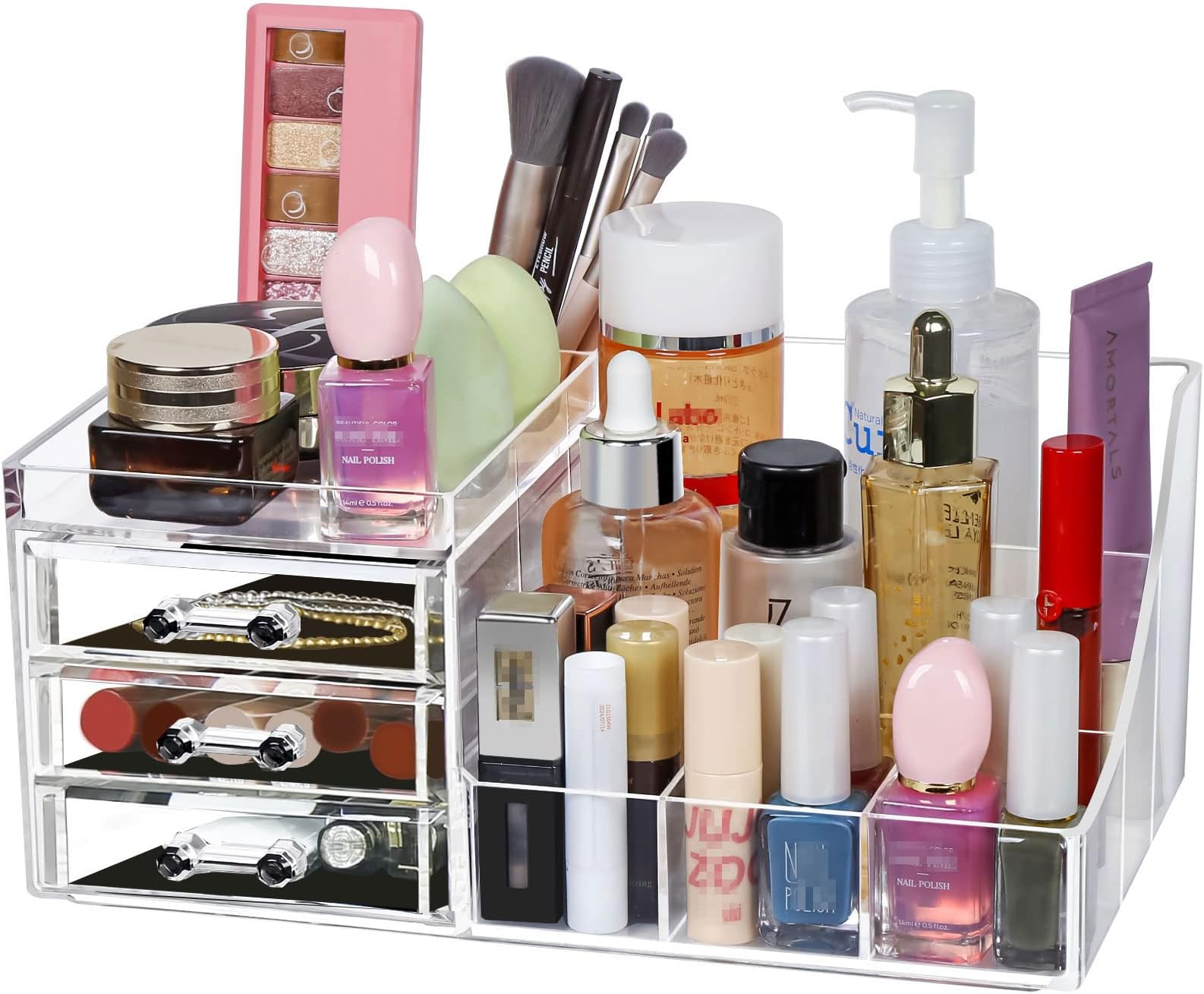 Greentainer Stackable Makeup Organizer With 3 Drawers,Acrylic Bathroom Organizers Storage,Clear Storage Bins for Lipstick, Brushes, Lotions, Eyeshadow, Nail Polish and Jewelry