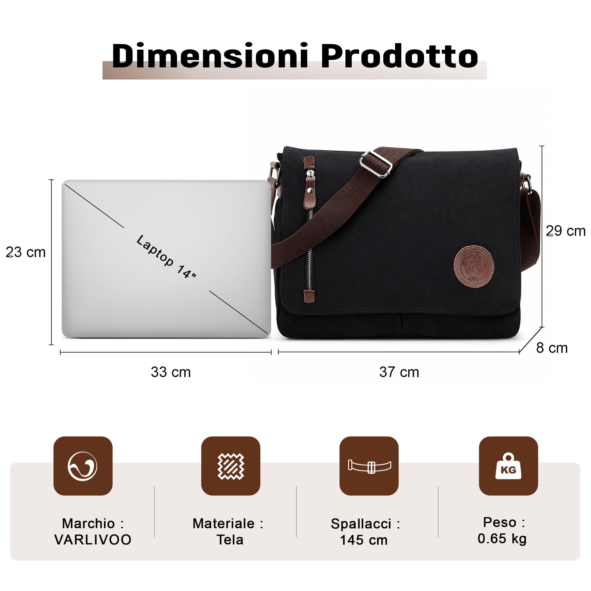 VARLIVOO Uomo Borse a Spalla Borsa a Tracolla da Uomo Messenger Borse14" Laptop Borse Scuola Università Viaggio Lavoro Campeggio Tela Nero