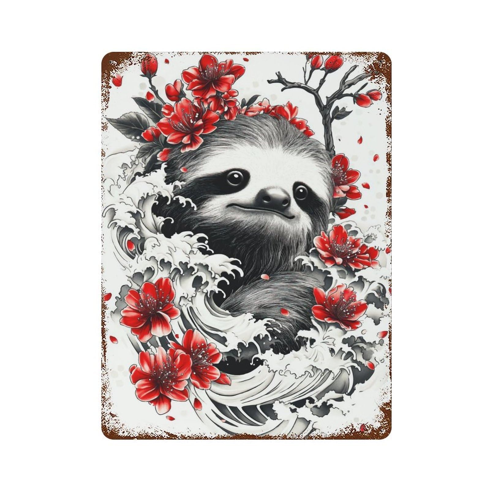 Sloth with Cherry Blossoms Retro Metal Sign 15.7"x11.8", for Pub, Kitchen And Man Cave Decor, Industrial Home Decor