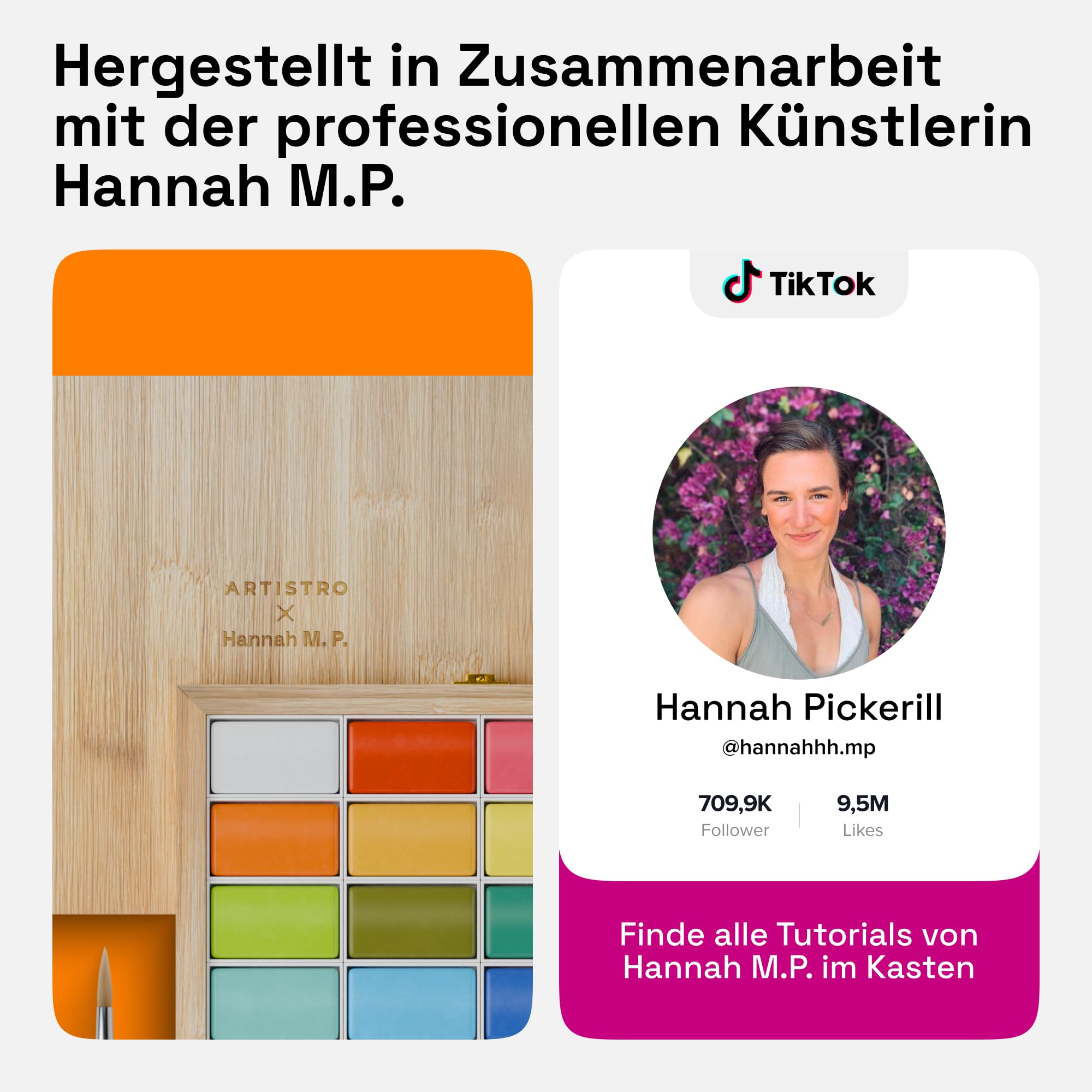 Artistro x HANNAH M.P Aquarellfarben-Set, limitierte Auflage, 24 Farben in Bambus-Holzbox (6 ml XL-Pfannen) – 2 Pinsel, Aquarellpapier, Mischtablett – Reise-Aquarell-Set für Anfänger und Profis