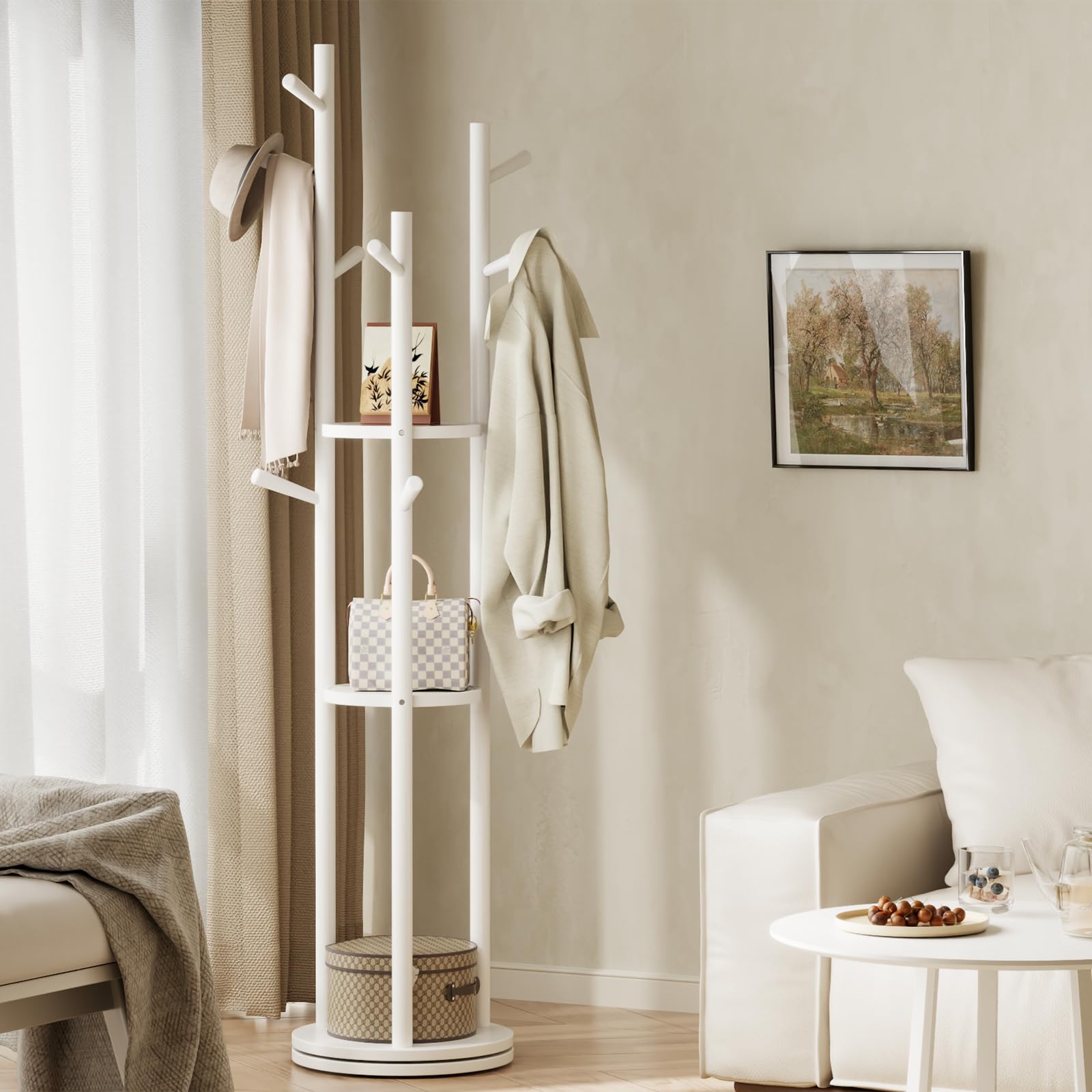 AQIMUELE Perchero, Perchero de Madera Maciza, 9 Ganchos, Colgador para Abrigos, Bolsos, Gorras, Ideal para Entrada, Pasillo, Altura de 163 cm, Blanco