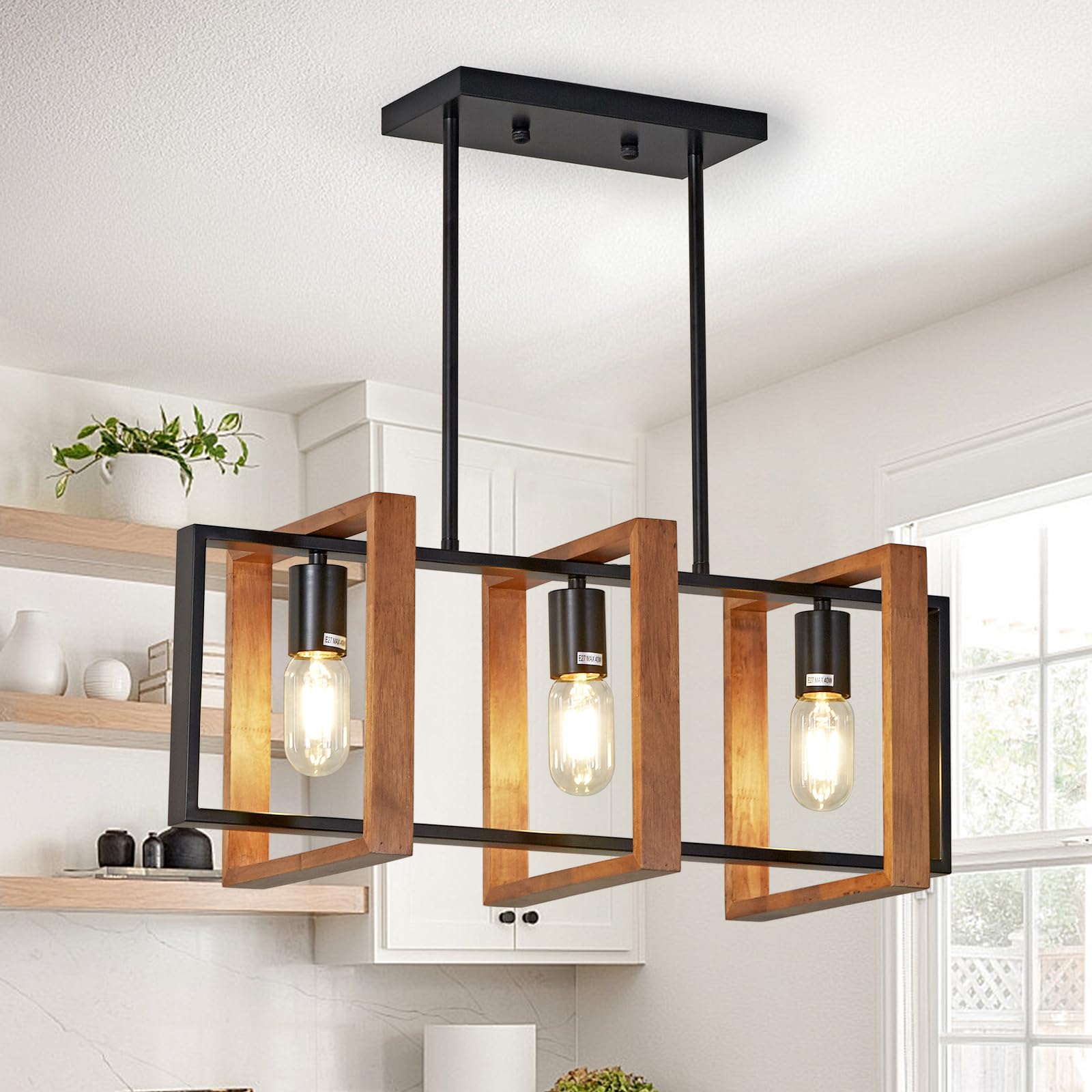 Lampadari Da Cucina,Legno Metallo Piscina Tavolo Luci, Industriale Lampadario Cucina Altezze Regolabili Per Sala Da Pranzo E Soggiorno, Foyer Corridoio (A,3 Heads)