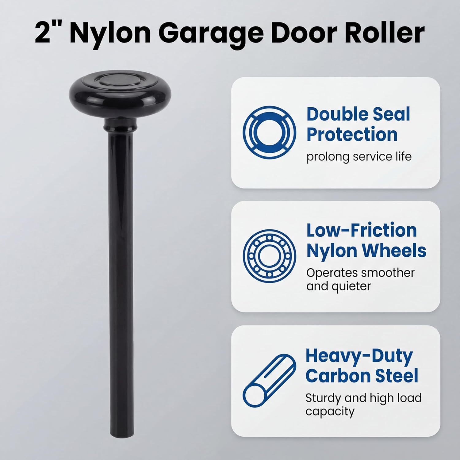 20-Pack 7" Stem Black Silent Garage Door Rollers,Protective Sealed Cap (Dustproof), Fits 2" Track, 7/16" Stem, Carbon Steel Stem with Nylon Overmold + Reinforced Nylon Wheel, Vibration Dampening