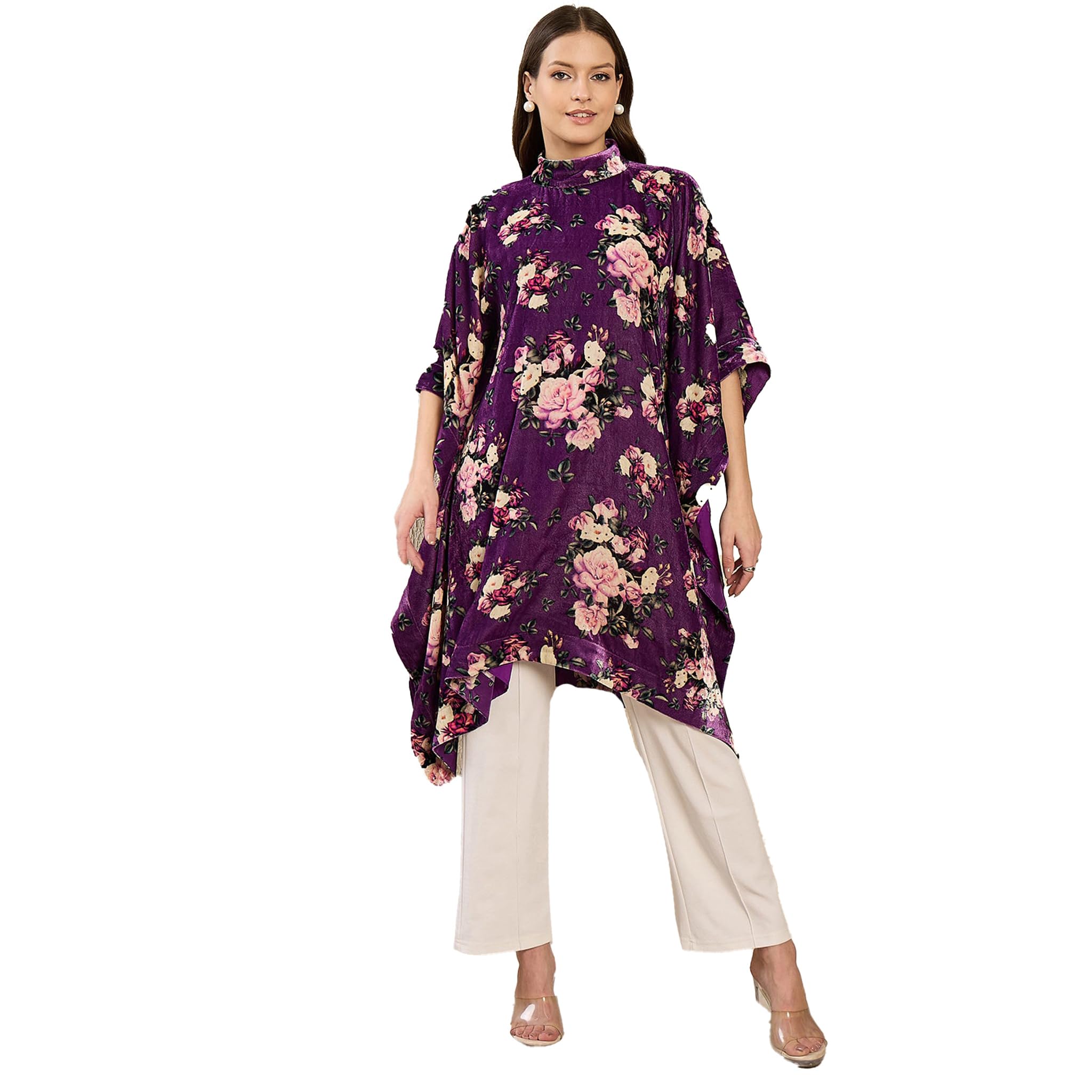 Purple and Pink Floral Crystal Studded Silk Velvet Tunic-image-10