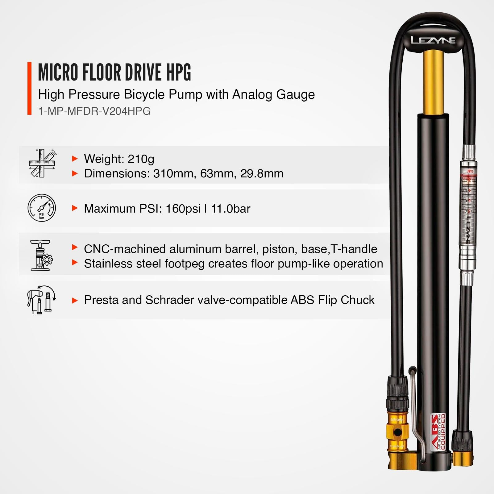 Lezyne Pompa Micro Floor Drive HPG Road Pompa da 160psi/11 bar