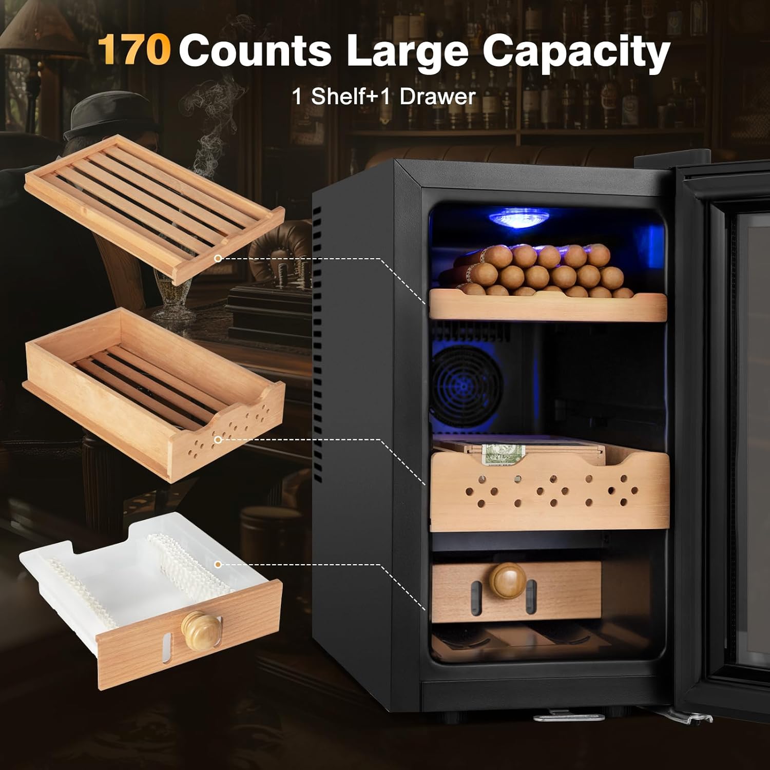 Internal view showing shelf and drawer capacity
