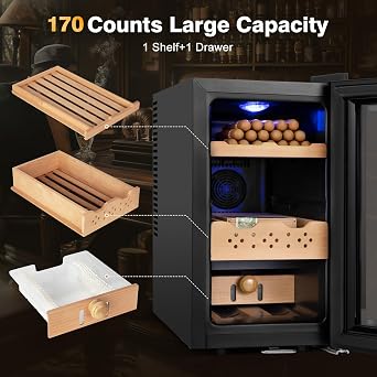 Electric Cooler Cabinet 25L with Temperature and Humidity Control, Spanish Cedar Wood Shelves and Safety Lock (180 Counts Capacity), Gift for Men