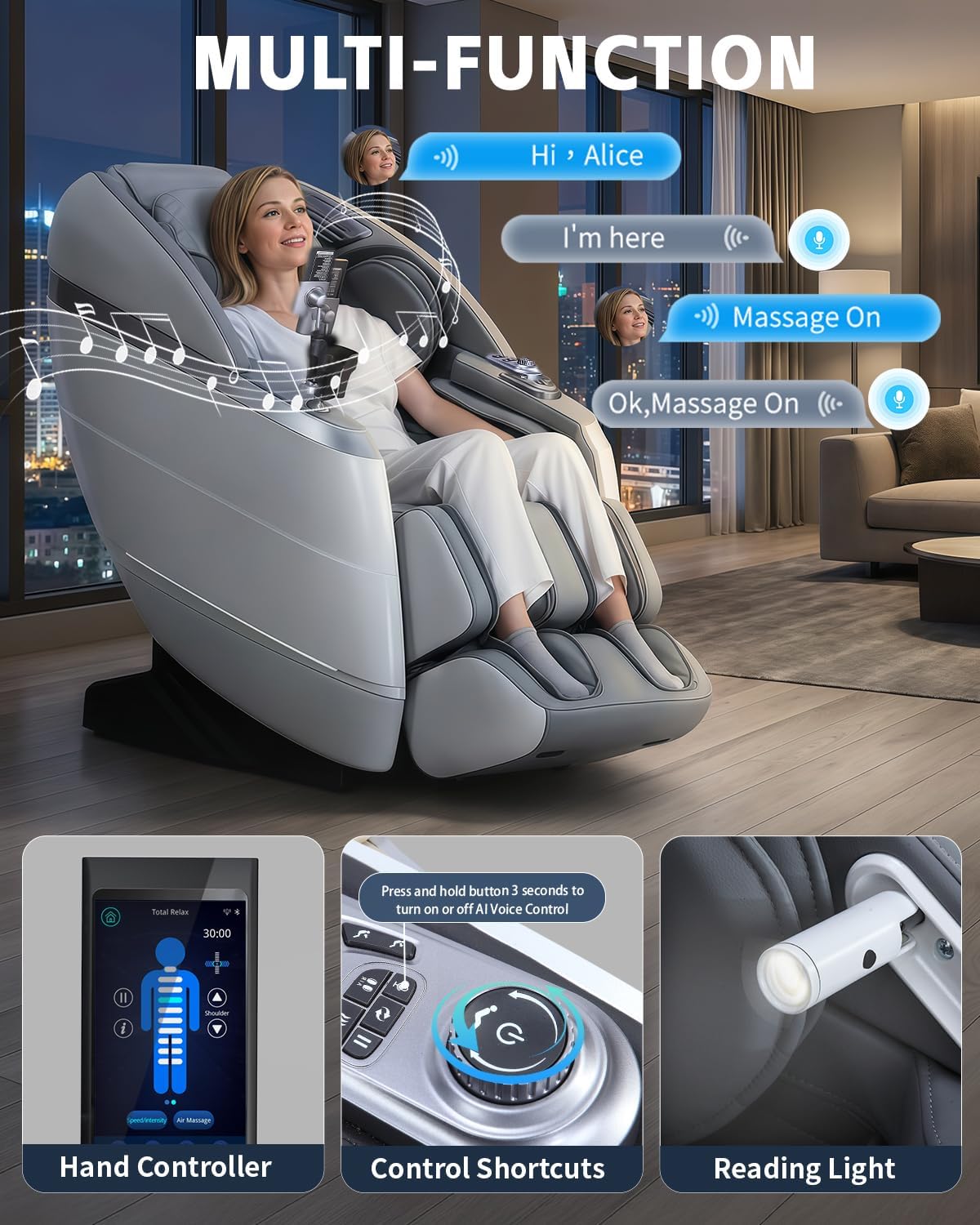 4D Full Body Massage Chair with Flexible 166° Track, Reading Light, 18 Massage Modes, 11 Techniques, 36 Airbags, Zero Gravity Recliner with Yoga Stretch and Foot Massage Grey - Image 6