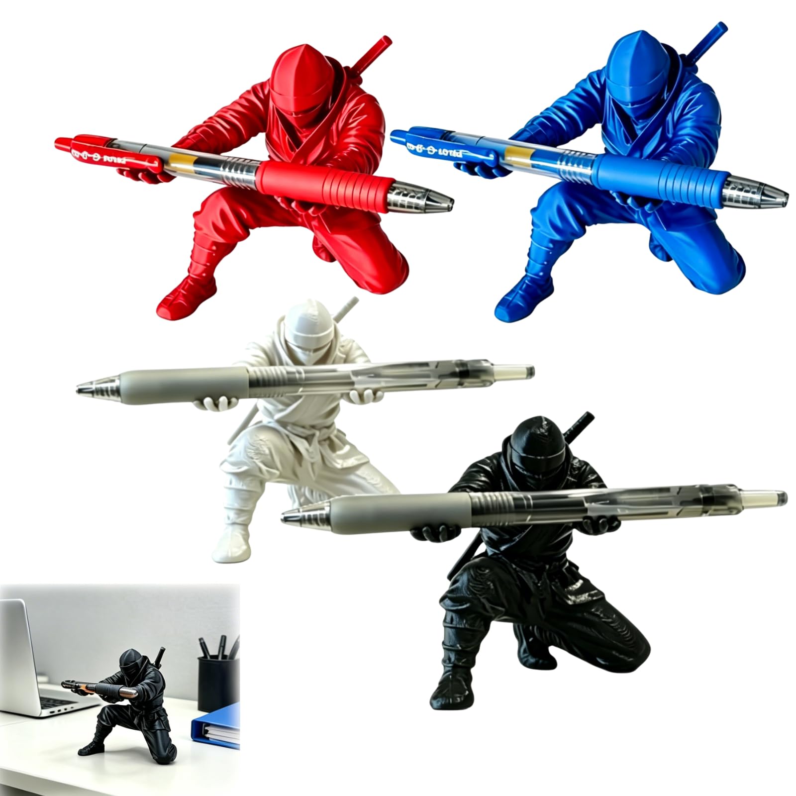 3D Printed Ninja Pen Holder, Black Ninja Warrior Samurai Desk Organizer with Sword, Creative Sculpture Pencil Holder, Unique Gift for Office Classroom, Funny Gag Gift for Men (NO PEN) (4pcs)