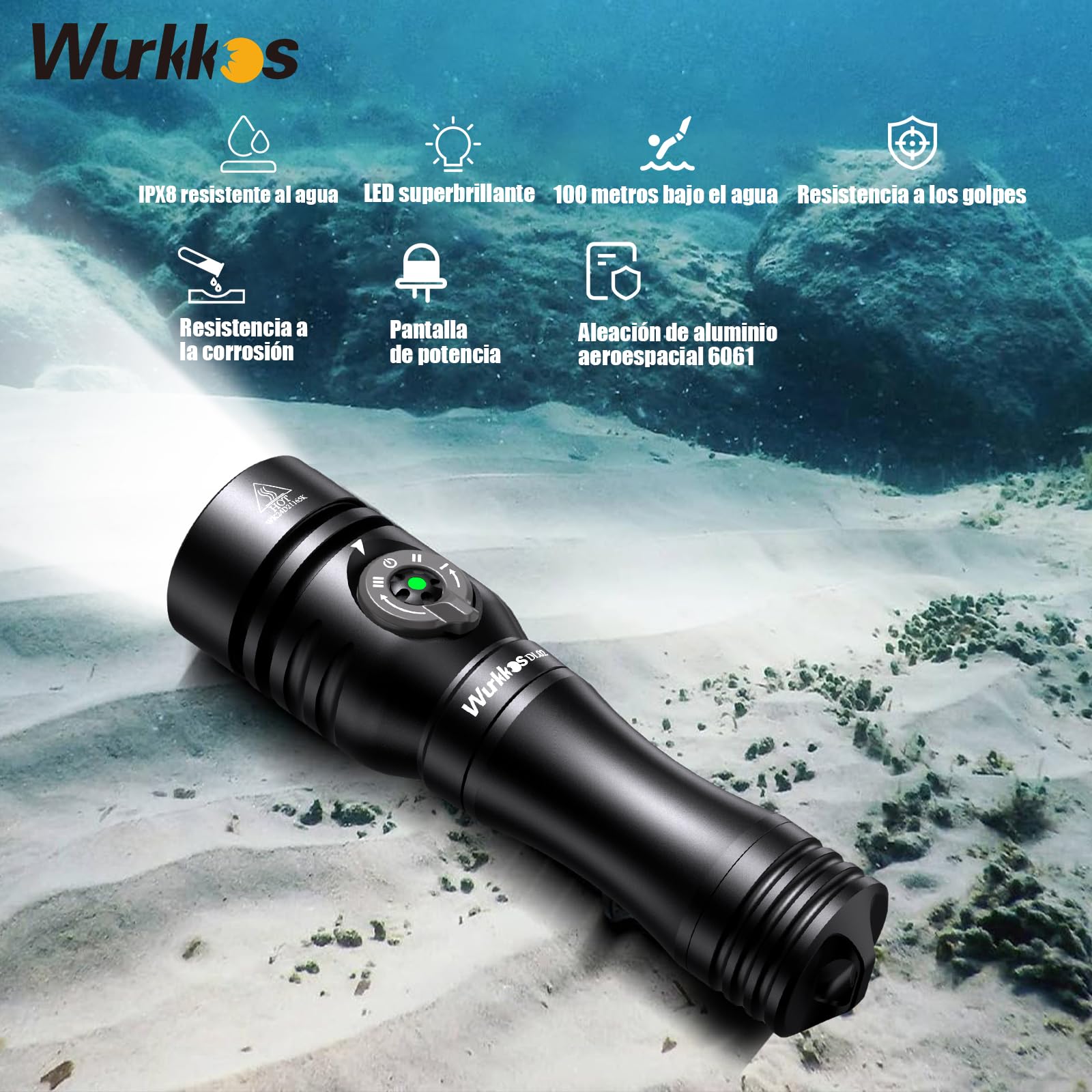 Wurkkos DL02 Linterna de Buceo Led, Antorcha de Buceo de 3000 Lúmenes con Indicador de Potencia, IPX8 Impermeable Profesional Recargable Luz de Buceo para Cueva 100m Submarina
