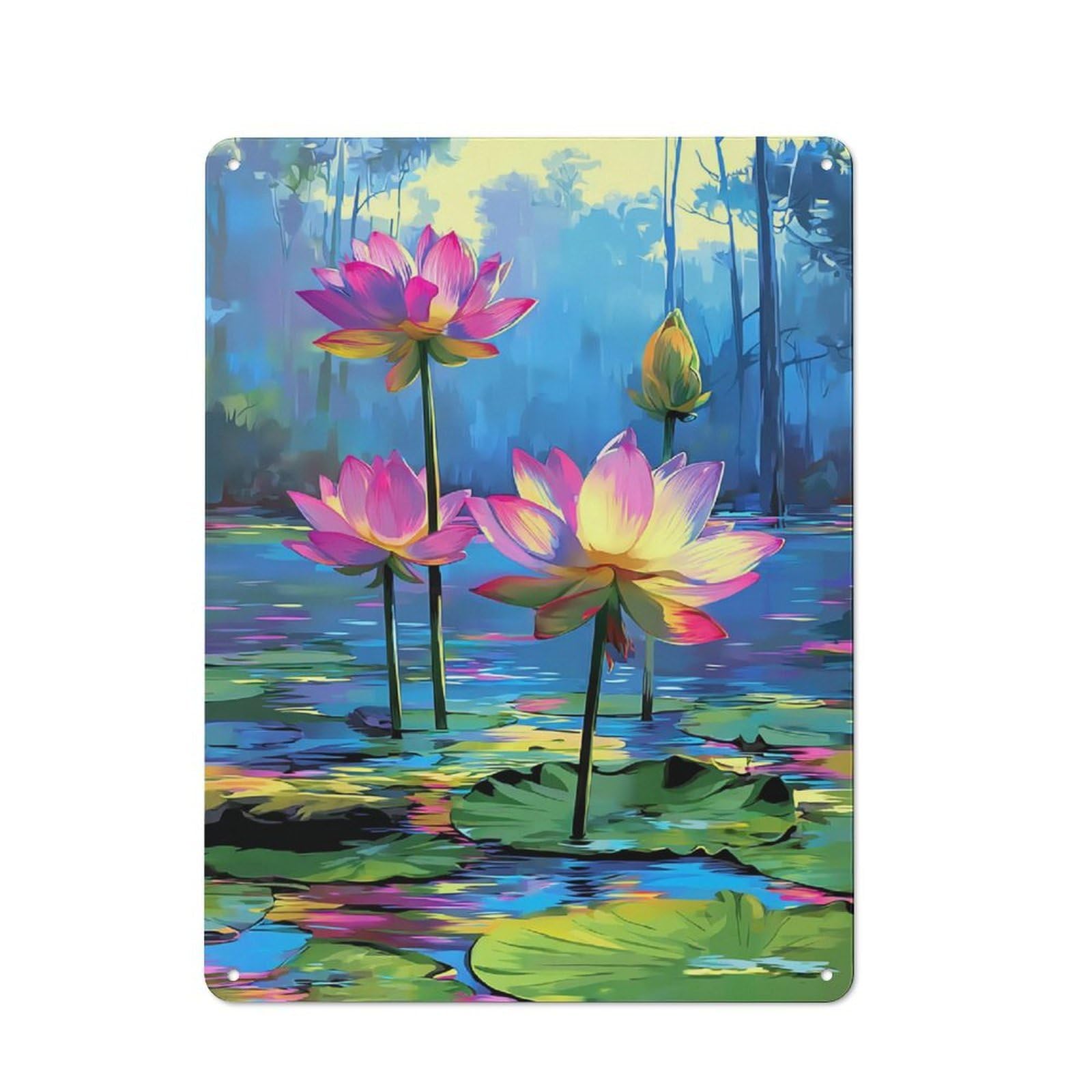 Junmoney Luminous Lotus Pond -1 Tin Wall Plaque 40X30cm With For Hallway Wall, With Clear Retro Wall Decor Character