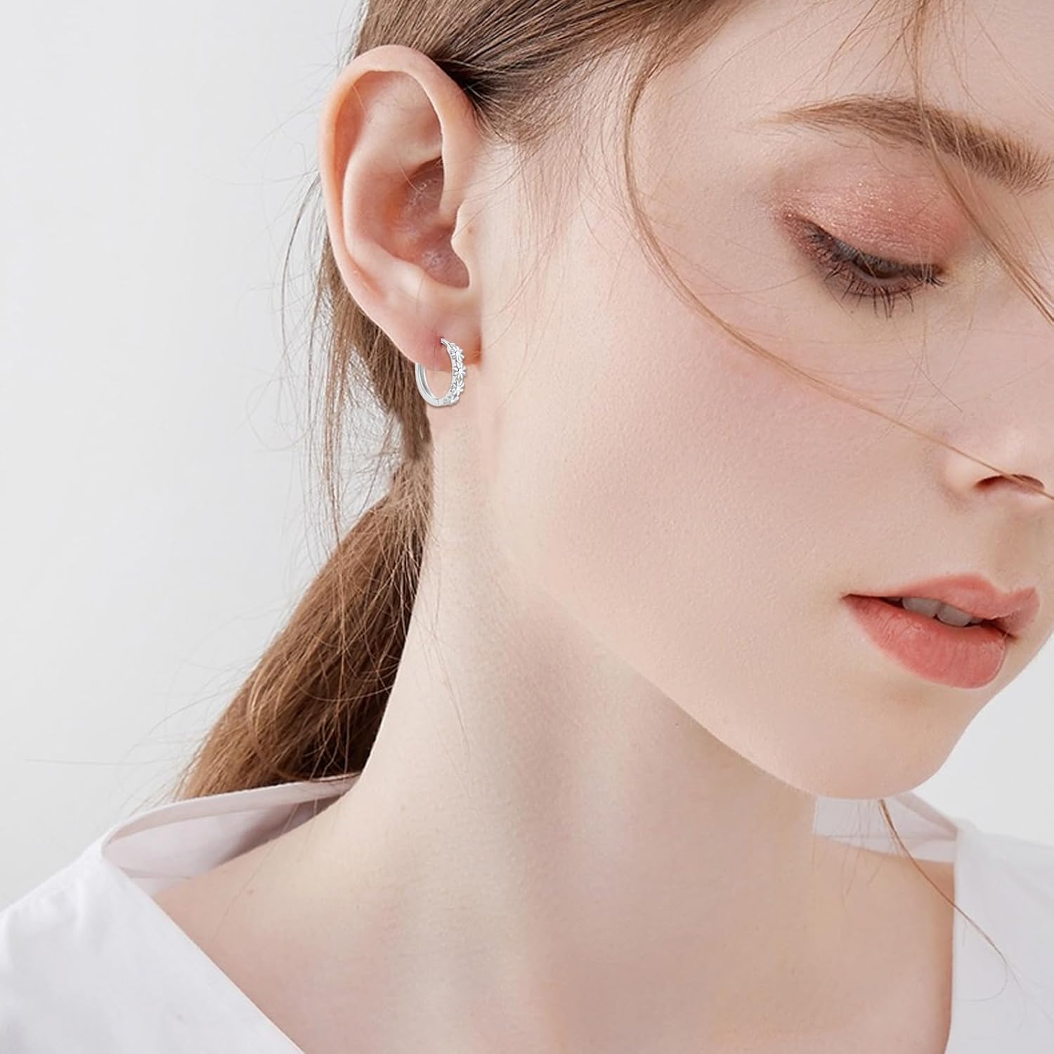 Sterling Silver Hoop Earrings for Women, Dainty Small Huggie Hoop Earrings | Hypoallergenic Daisy Color Cubic Zirconia Flower Hoops Earring Jewellery Gifts for Ladies Birthday Wedding, 12mm Hoop - Image 2