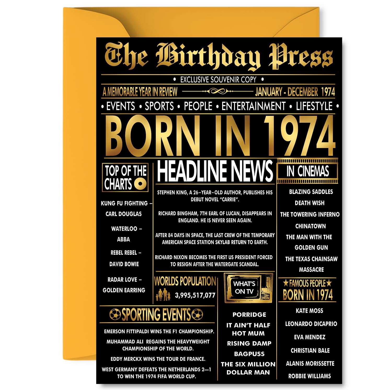 Gold 52nd Birthday Card for Men Women - Black & Golden Newspaper Born in 1974 - Happy 52 Birthday Cards for Son Dad Wife Nanny Grandad Husband, A5 Bday Greeting Cards